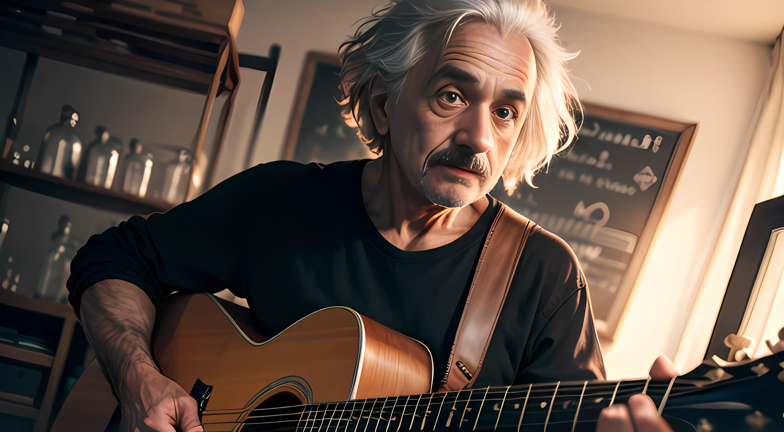 Albert Einstein, sitting, detailed eyes, detailed face, inside his lab, (playing guitar) , crazy scene from a movie, dramatic shooting angle, atmospheric particles, Real, raw cinematic photorealism, action portrait, 8k, detailed, centered, full frame