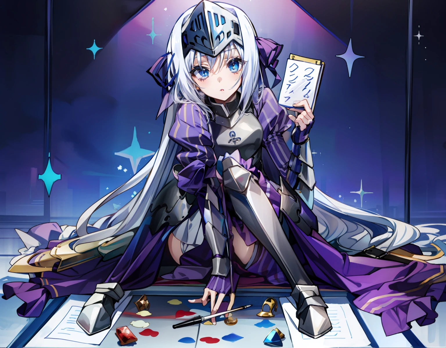 anime girl sitting on the floor with a game board and a pen, the anime girl is crouching, gothic maiden anime girl, lilac purple hair, armor, helmet visor, blue eyes