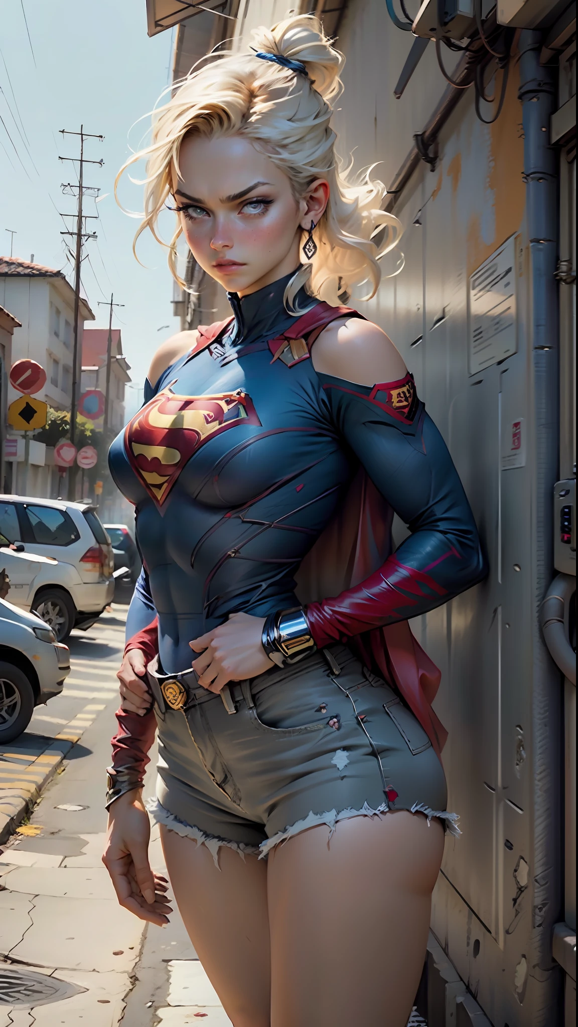 Supergirl corpo definido coxas grossas, shorts jeans curtos azul claro, loira de olhos azuis, Superman S symbol on chest, rosto detalhado, linda, serious face, seios pequenos