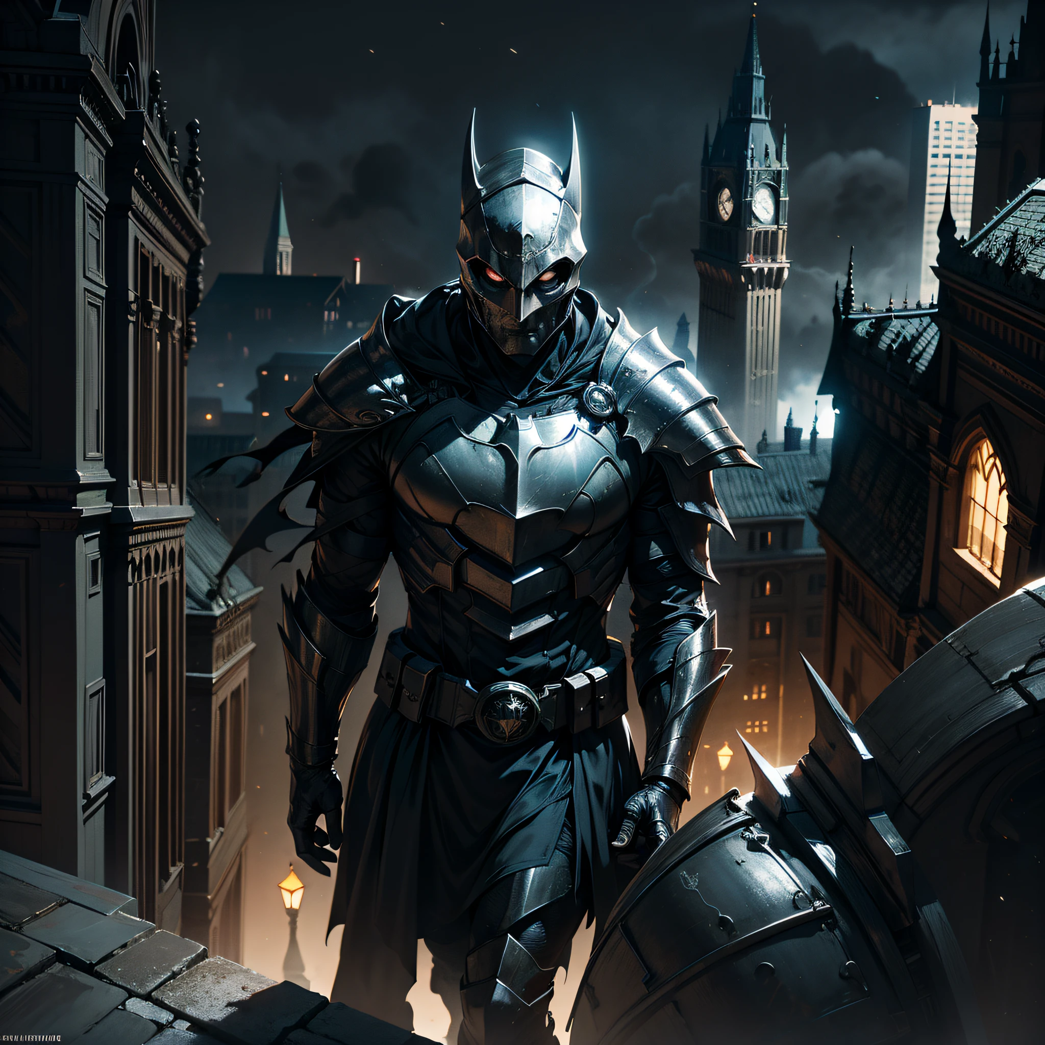 Batman guerreiro vestido com armadura medieval, Gothic city setting, luz do luar, neblina densa, Noite escura, Clima de terror, armadura preta reflete as luzes, on top of a building, cinematic lighting, detalhes altos, melhor qualidade, Masterpiece