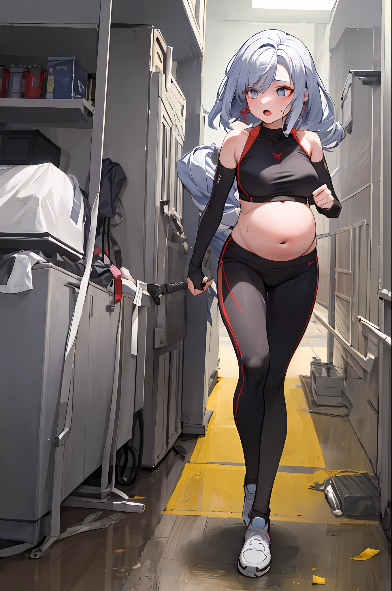 Best quality,Masterpiece,1girls,(Running),sport wear,Open mouth,Sweat,tired,Ground,navel,buruma，pregnant woman