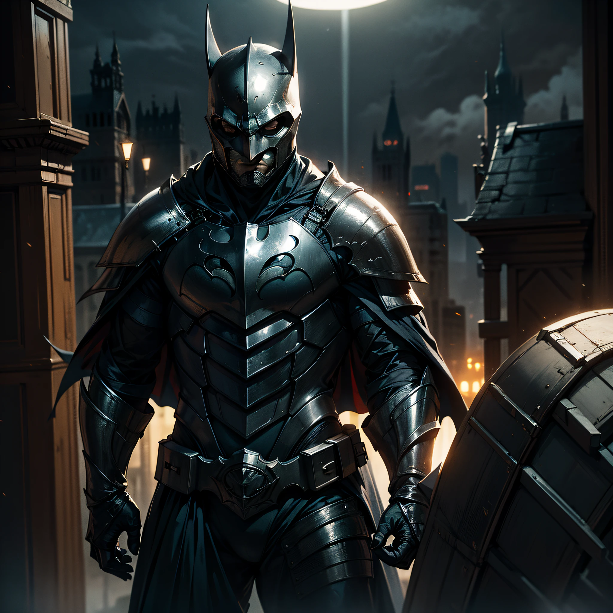 Batman guerreiro vestido com armadura medieval, Gothic city setting, luz do luar, neblina densa, Noite escura, Clima de terror, armadura preta reflete as luzes, on top of a building, cinematic lighting, detalhes altos, melhor qualidade, Masterpiece