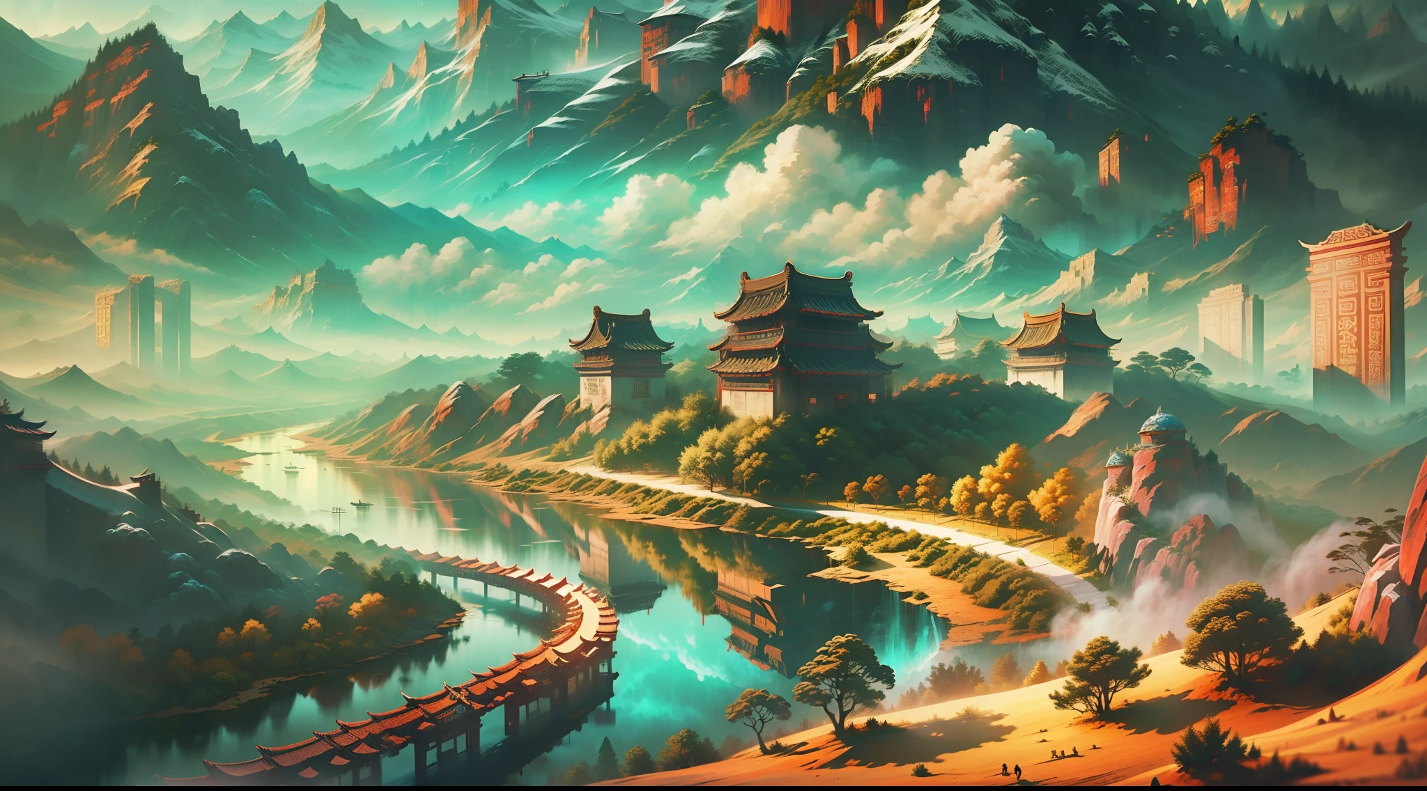Ancient China Army, guerreiros china antiga, campo, fazenda, The setting should depict ancient China, imagem com contraste forte, montanhas ao fundo, mists to give an air of mystery and wisdom, paisagem muito linda