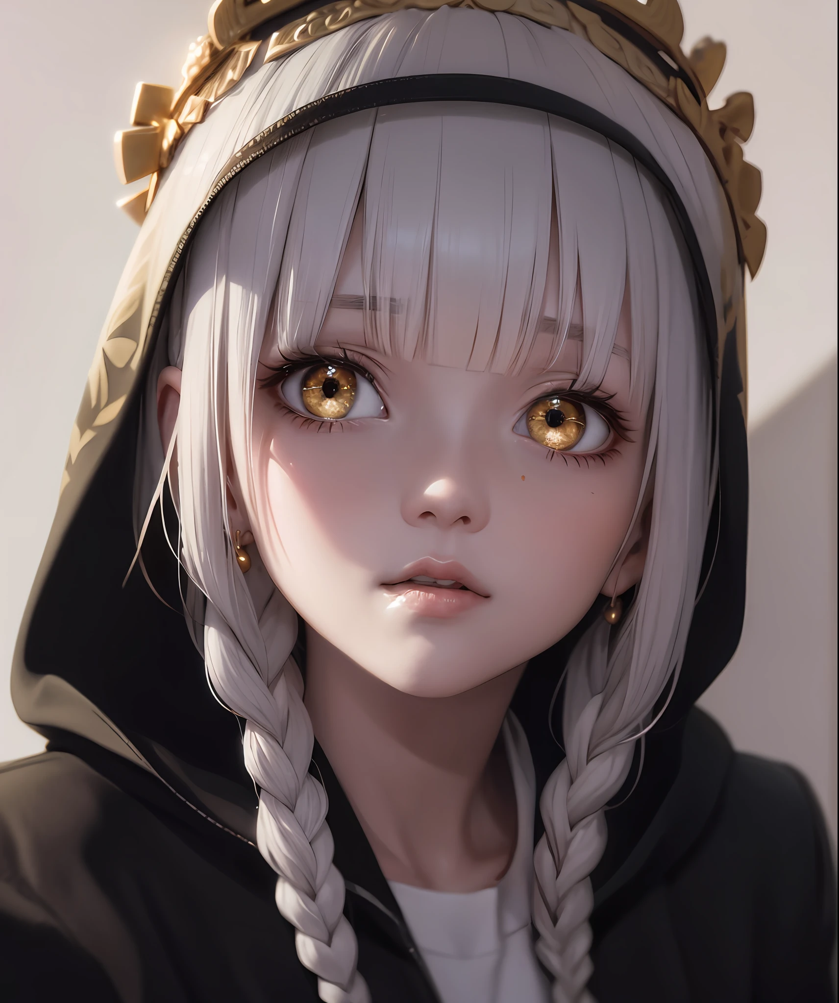 best quality, masterpiece,white hair, gold eyes,white clothes, looking up, upper body,hair strand,Fair skin,side braids