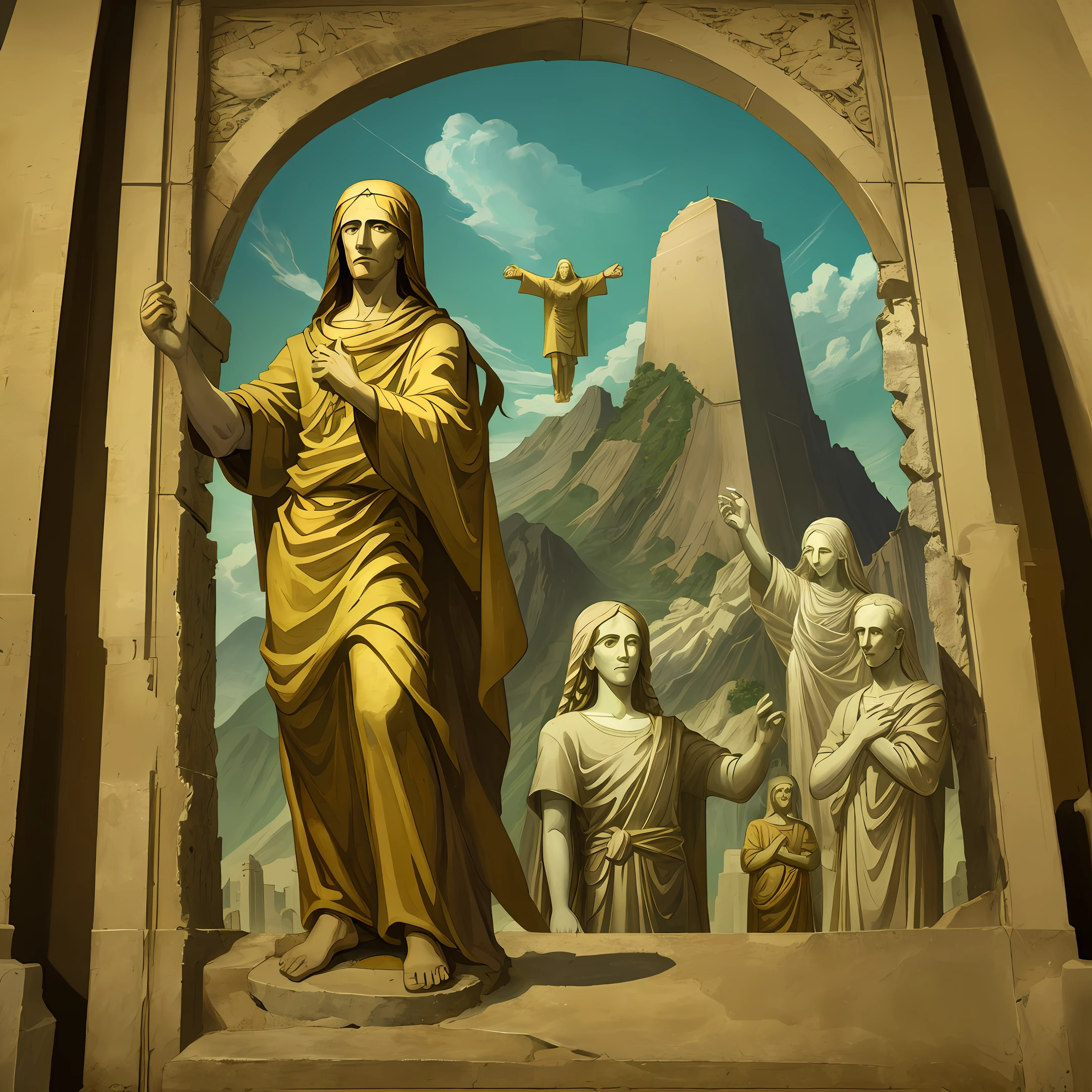 Christ the Redeemer with a ruin in the background in the picasso style