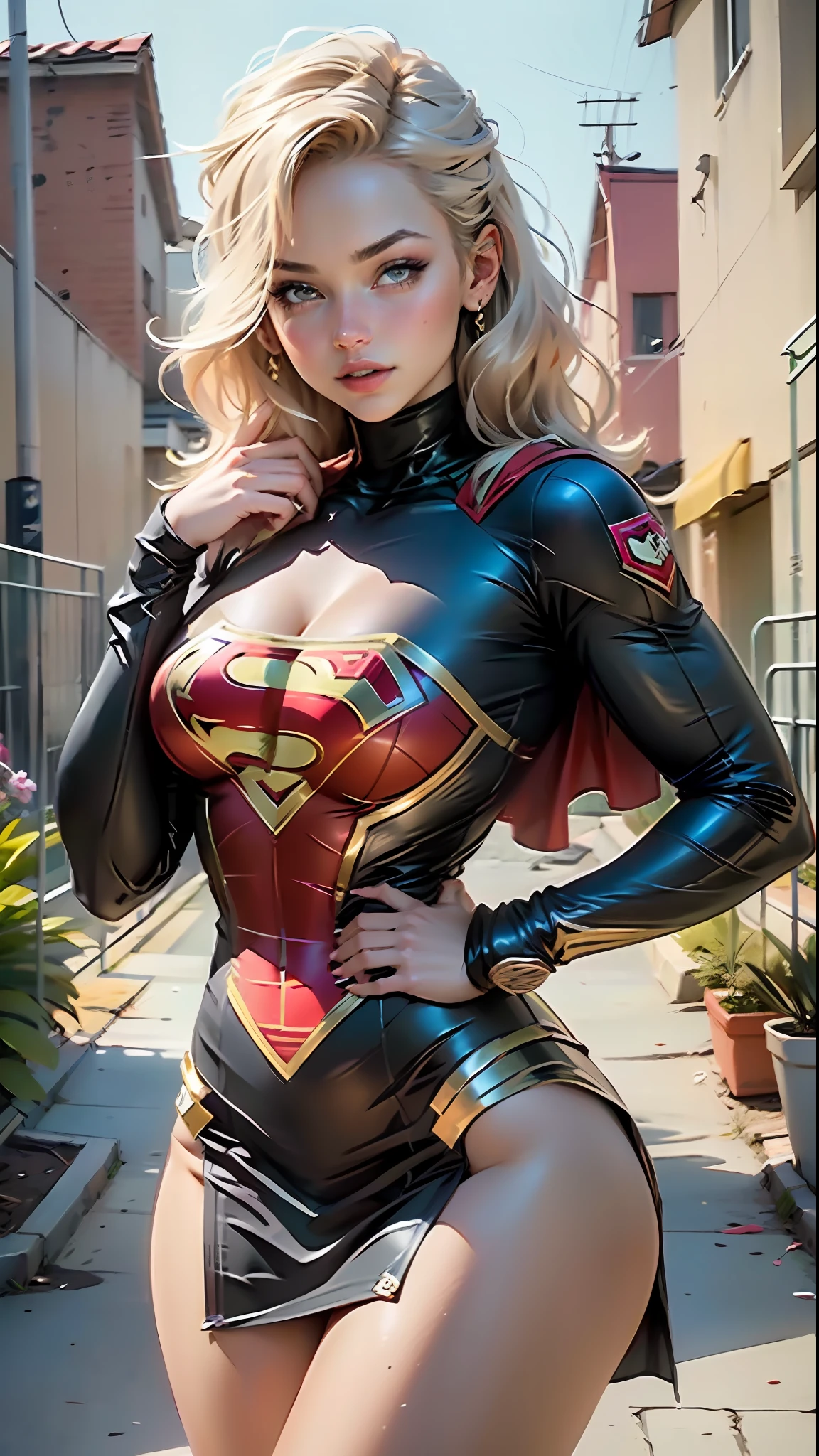 (melhor qualidade)), ((obra-prima)), ((realista)), (detalhado), rosto detalhado,supergirl Linda mulher (20 anos de idade, cabelos longos e loira, olhos azuis) corpo definido, detalhado , usando tube dress latex cosplay supergirl suite,((( smal breasts)))