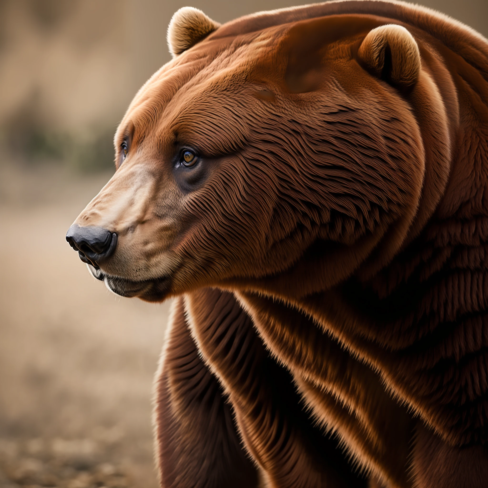 Capture a hyper-realistic, high-definition portrait of a majestic bear in its raw essence. Emphasize the intrinsic details of the bear's features, showcasing its fur texture, intricate facial expressions, and powerful gaze. The image should exude realism and depth, immersing the viewer in the bear's world. Shoot in stunning 8K resolution, ensuring every minute detail is preserved with utmost clarity and precision.