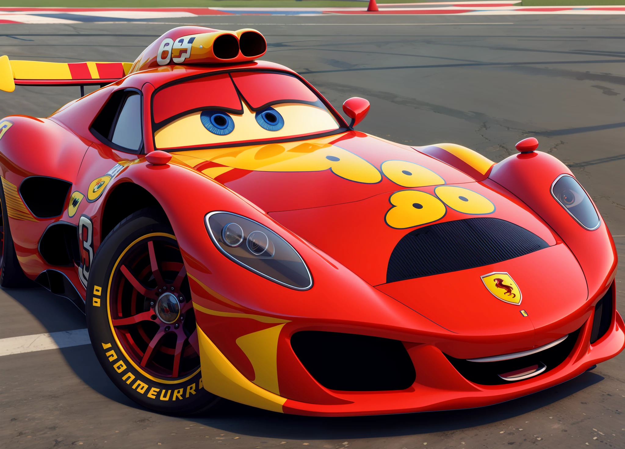 carro de corrida, desenhos animados, carro, mcqueen,ferrari  , vehicle, detalhado, cg, olhos detalhados e boca, 3D rendering, pixar, olhos, olhando para o espectador, hq human ho rendering, arte do personagem, fundo branco, arte oficial