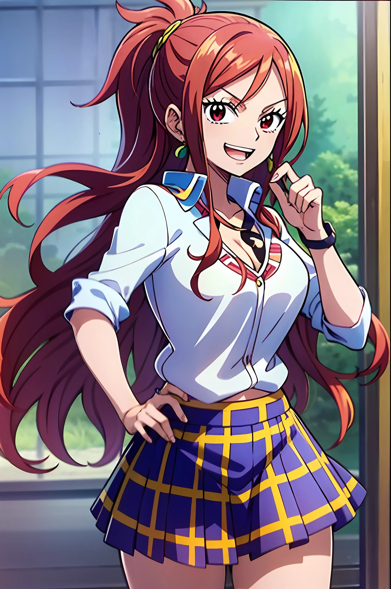 light smile, girl attire, white blouse with yellow jacket, green striped tie, red plaid skirt, red eyes and red hair in a twin ponytail, (style of one piece and fairy tail anime), (illustrated by Eiichiro Oda and Hiro Mashima), (style mixing), Lucy Heartfilia, Nico Robin