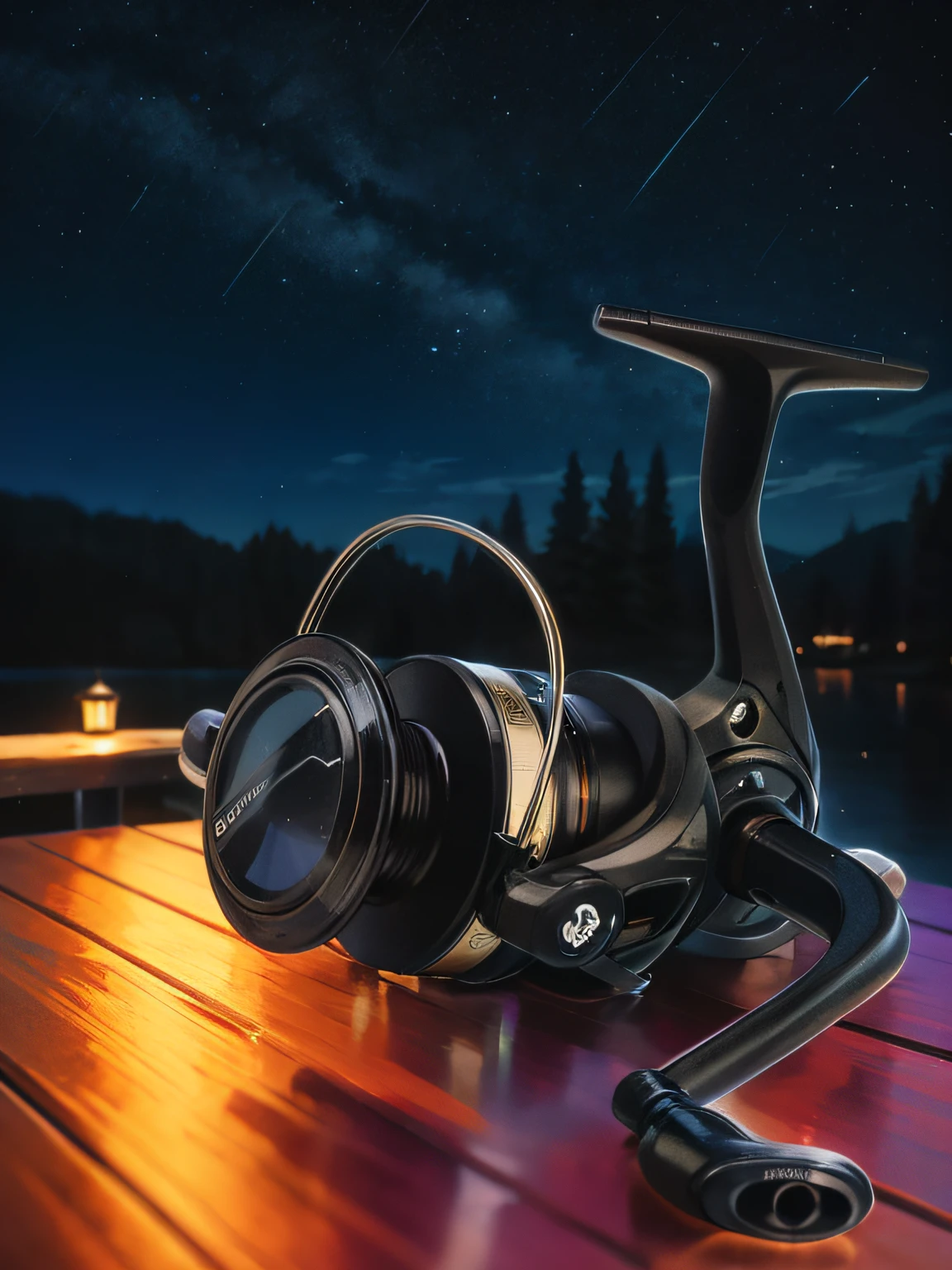 a close up of a spinning fishing reel on a dock at night, high detail product photo, highly detailed product photo, high resolution product photo, high quality product photo, detailed wide shot, close up portrait shot, close up portrait shot, detailed product photo, portrait shot, medium close-up shot, Product photo 35mm", at night, on a dark background