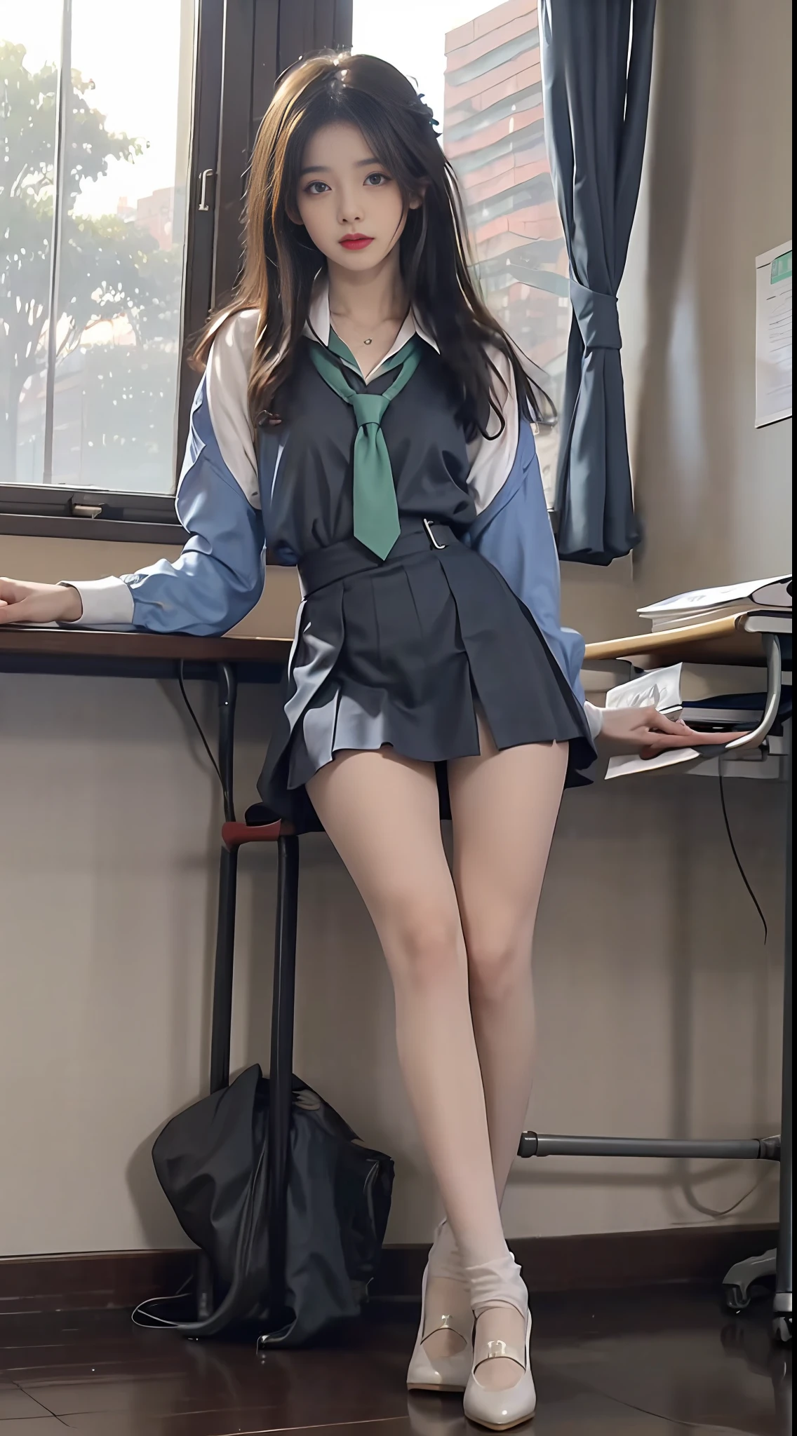 Ultra HDR,ultra-details,full full body,Lifelike, 8K high resolution,a 1 girl, Flowing black hair, Dark eyes, School Uniforms, short skirts,largebreasts, thin waists,thights,Wear a pendant,at classroom,Very detailed face and skin,Detailed eyes,Double eyelid,black long hair,White skin,chineseidol,Young age,Black colored eyes,lip biting,White school uniform,Green tie,Small waist,Short blue skirt,whitestocking,at classroom,Sit at the desk,Slim legs,Brown school shoes,lifelike,