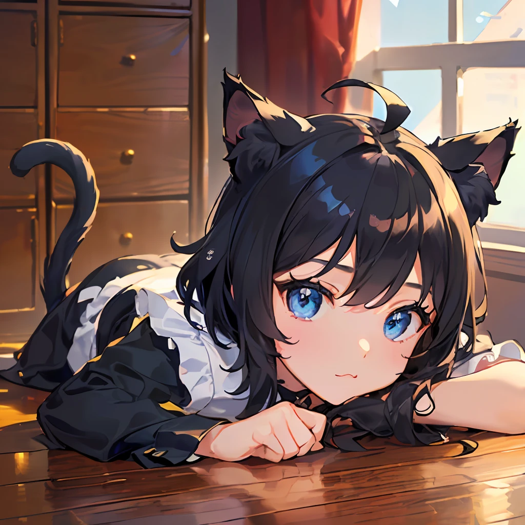 ((best qulaity))、((A masterpie))、((ultra-definition))、(illutst)、(Fine light)、(Extremely delicate and beautiful)、(((独奏)))、(((a beautifulchi girl) )))、((Best Quality,(Black Hair), (Black cat ears), (Ahoge), (absurdly short hair), (Wavy Hair), (Blue eyes),Spoiled face、Cat Pose、