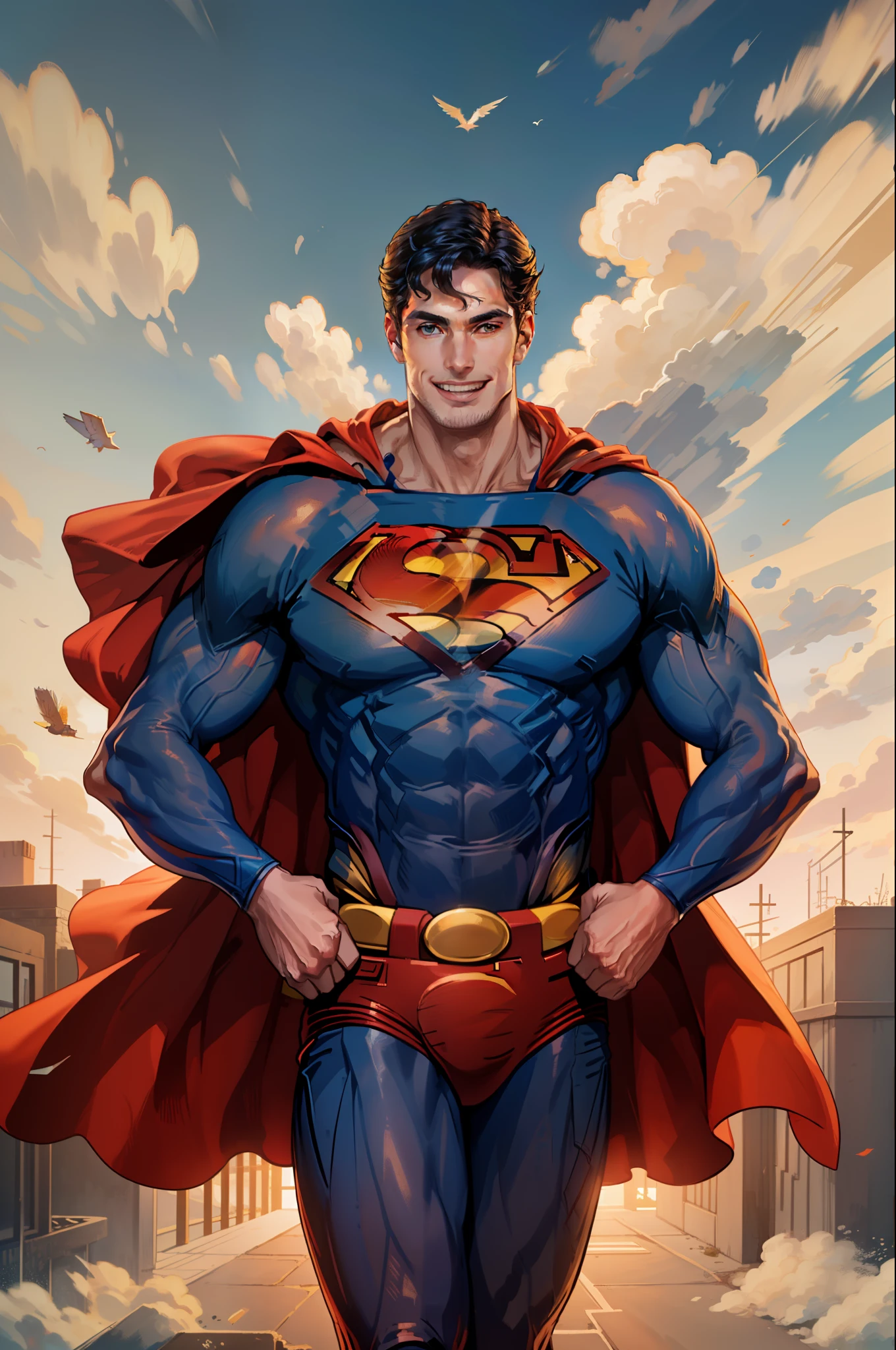 (Obra maestra, La mejor calidad:1.2), Enfoque masculino, 1man, 28 years old Superman, Smile, Mirando al espectador, Brazos cruzados, cabo, nubes azules, Cielo