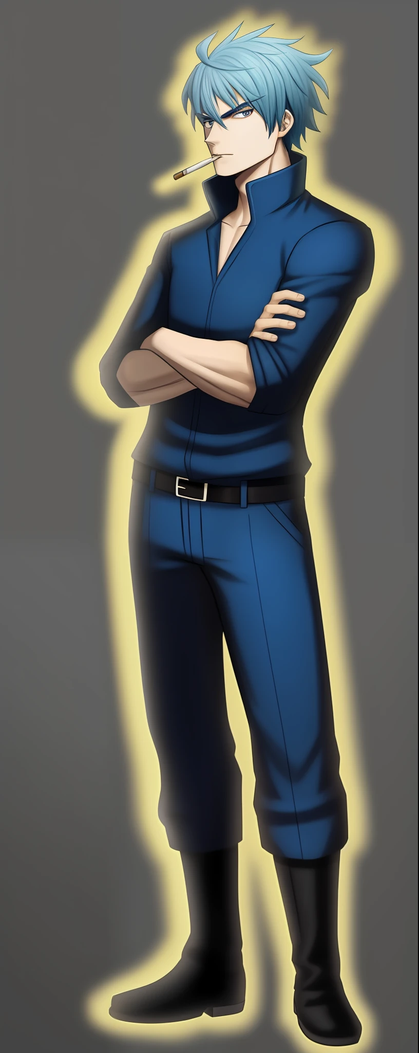 Personagem homem, colete azul e preto, cabelos brancos, cigarro na boca, crossed arms, imagem detalhada, perfeita