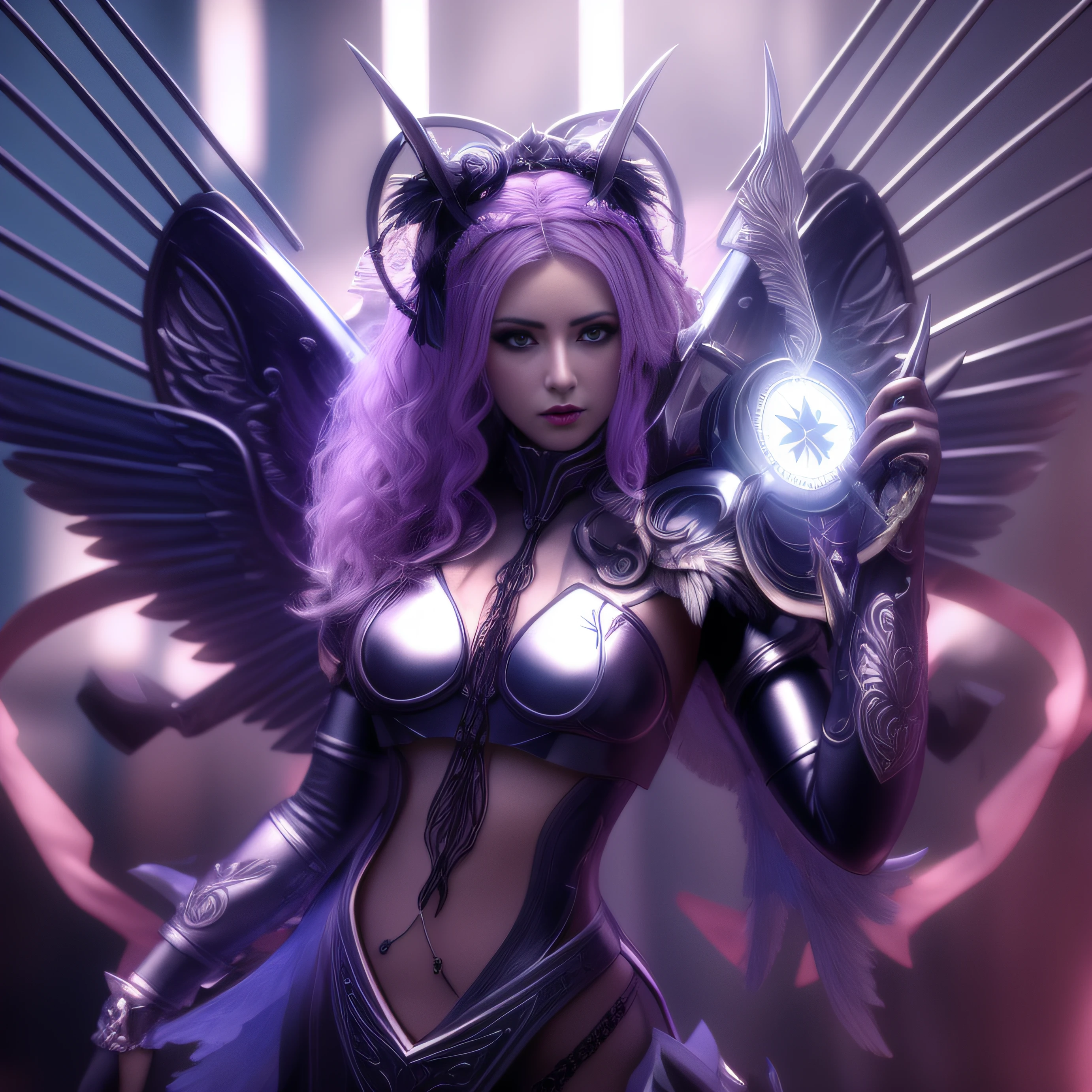 Arafed Mujer con cabello morado y alas sosteniendo una espada, as a mystical valkyrie, hyperdetailed fantasy character, Stuning Fantasy 3D render, beautiful cyborg angel girl, Renderizado del motor irreal + una diosa, 3D render character art 8 k, Hermosa y elegante reina demonio, Estilo Fantasy 8 K Octano Render, Beautiful succubus, mystical valkyrie, angel in plastic armor