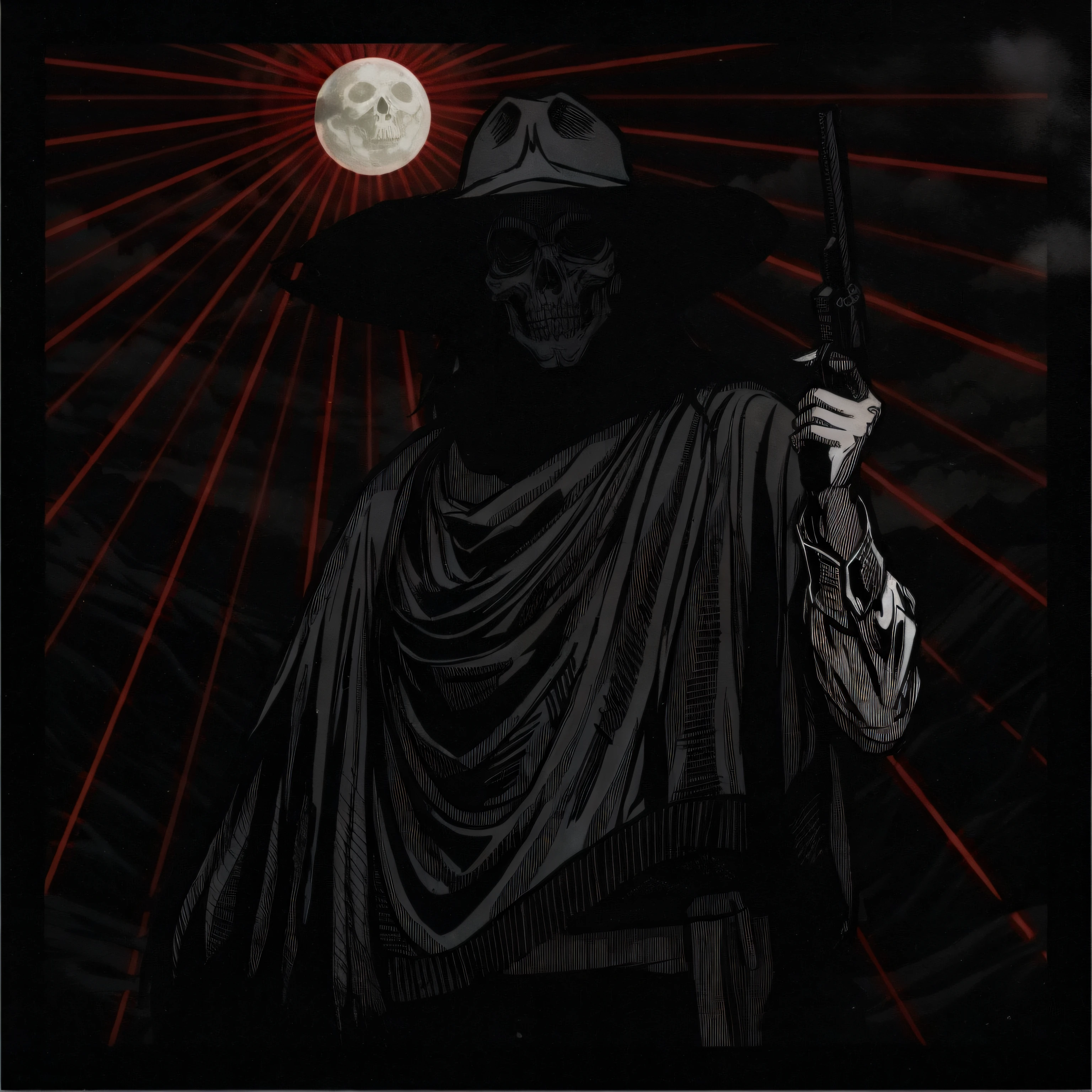 Dark Country album cover, with a skull-faced man in the moonlight holding an art-style pistol of engraving, monochrome, cool colors. artistic style of engraving, cool colors. lineart, monochrome, dread, gothic, horror, surreal, terror, fear, despair, monstrous humanoid, fantasy, dreamlike, dramatic, red sky, red eyes --auto --s2