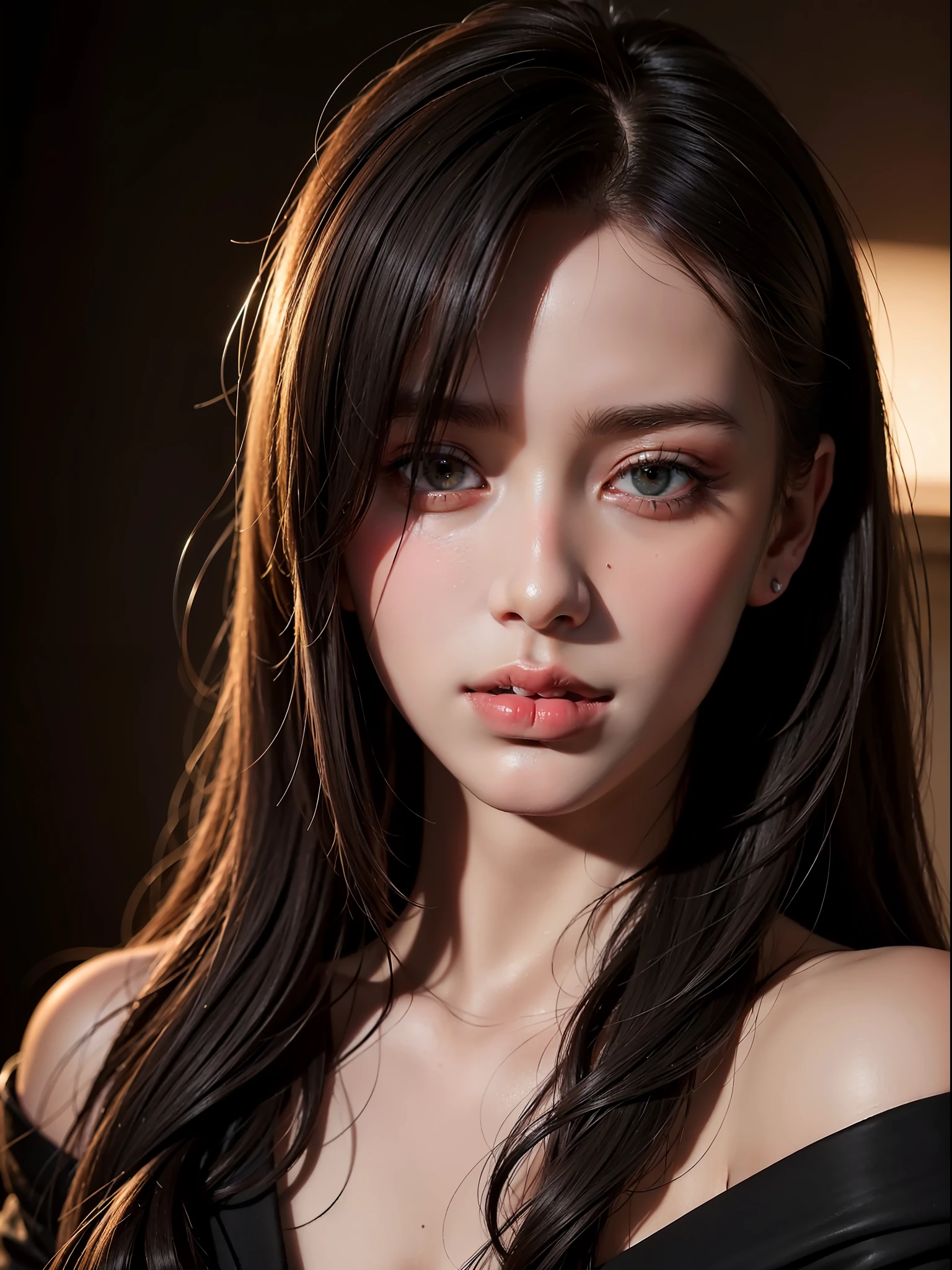 Best quality, masterpiece, ultra high res, (photorealistic:1.4), raw photo, 1girl, offshoulder, in the dark, deep shadow, low key, cold light