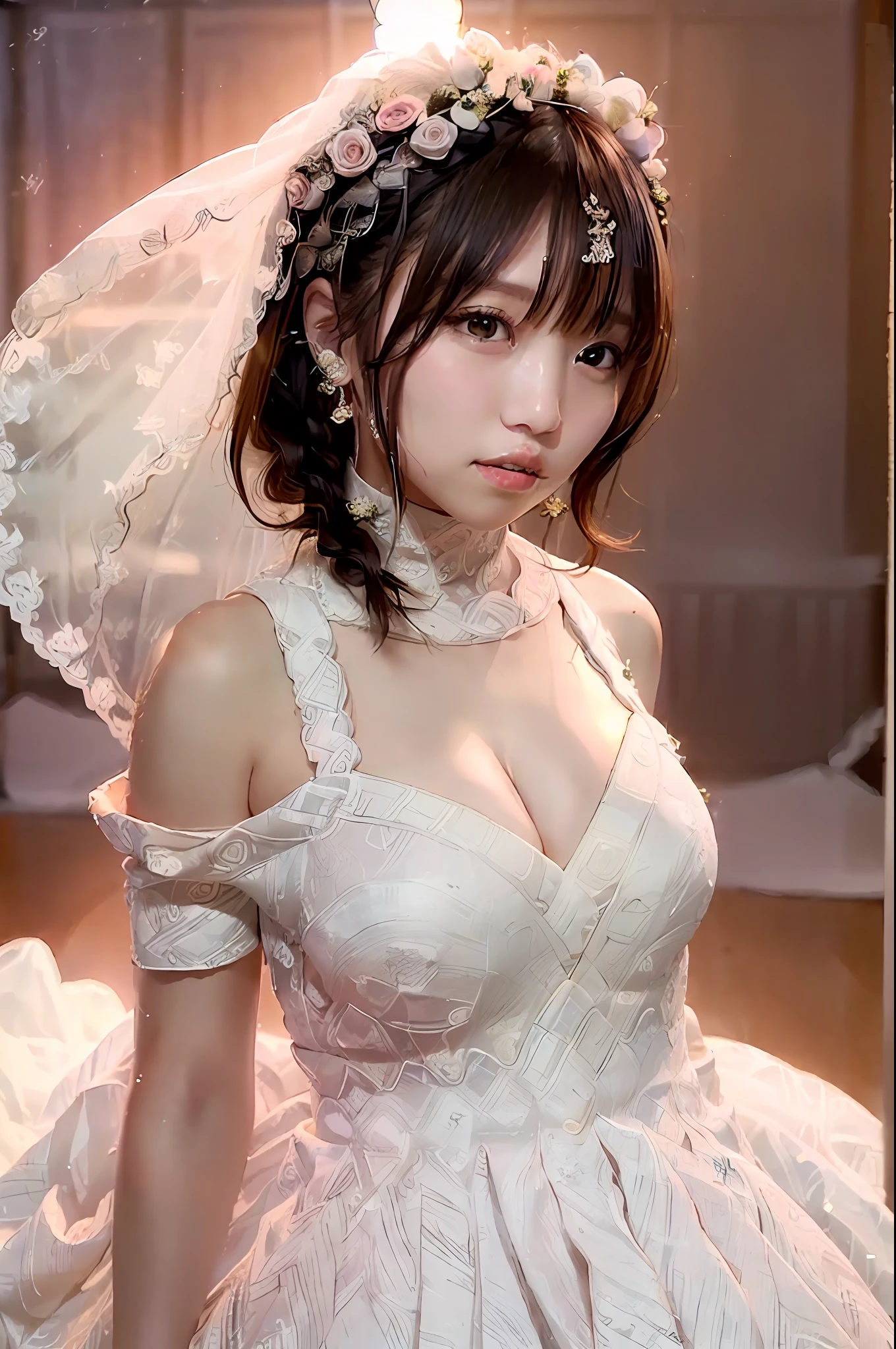 A masterpie、beste Quality, 1girls, (Skindentation), {{Too big!!}}, (days), well lit, blured background, (Street:0.6), (Braided bangs, Wavy Hair:1.5), (see through dress:1.8), (wedding dress:1.8),gorgeou, (Floating hair:1.2), (dinamic pose:1.8), Soft lighting,