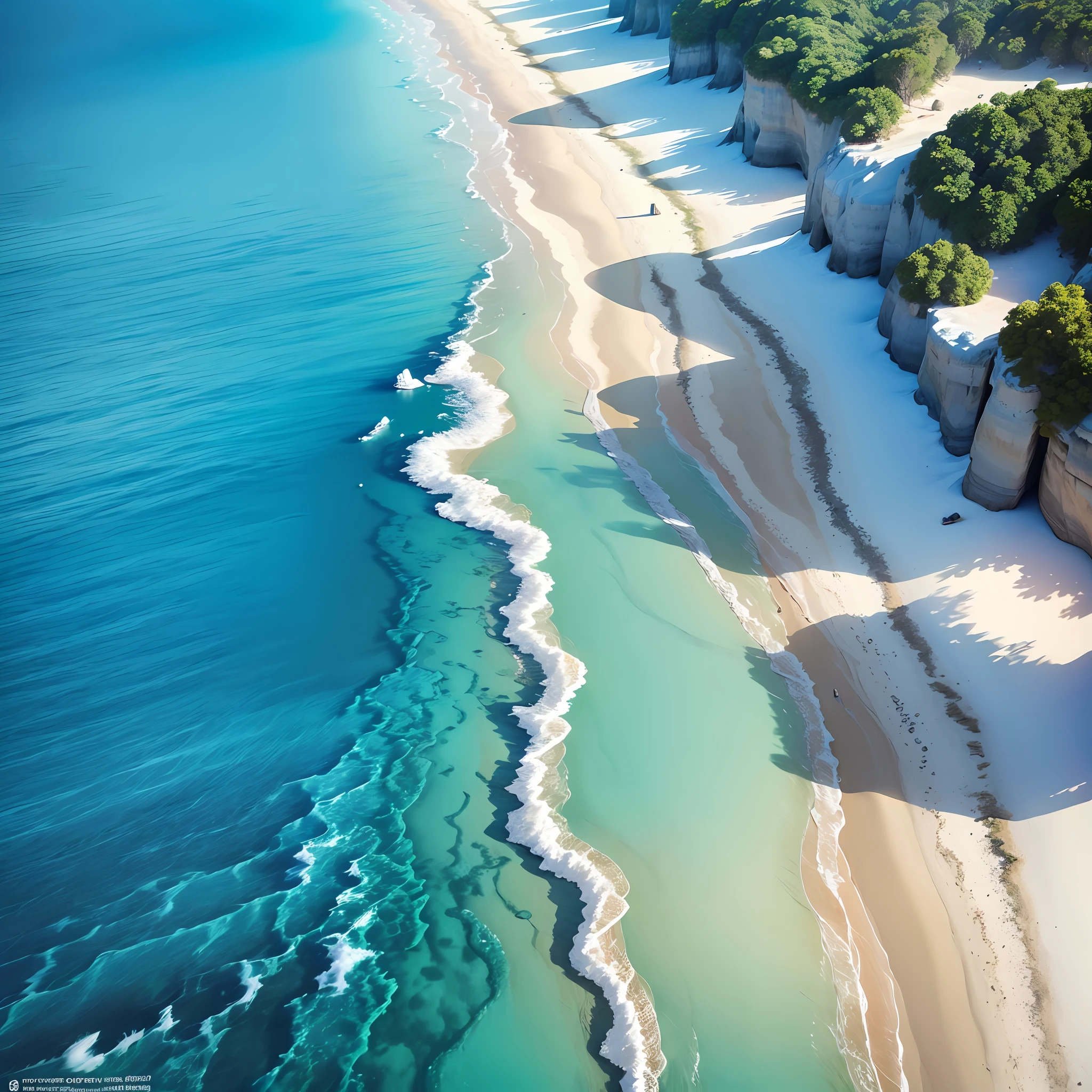 Create a paradisiacal beach with blue sea of crystal clear water seen from above in HD, hyper realistic 8K --auto --s2