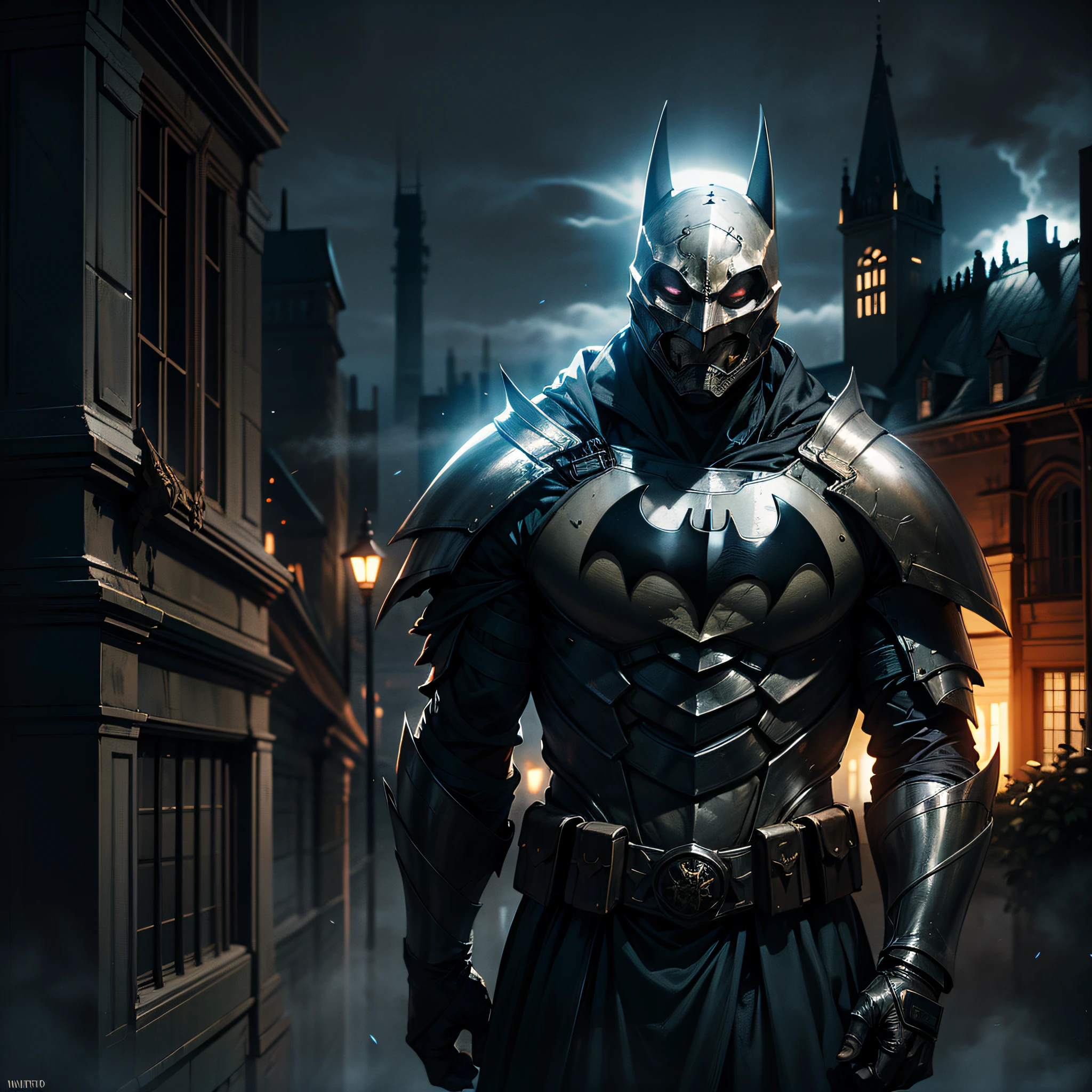 Batman guerreiro vestido com armadura medieval, Dark Gothic city setting with dense fog, neblina densa, Noite escura, Clima de terror, armadura preta, on top of a building, cinematic lighting, detalhes altos, melhor qualidade, Masterpiece