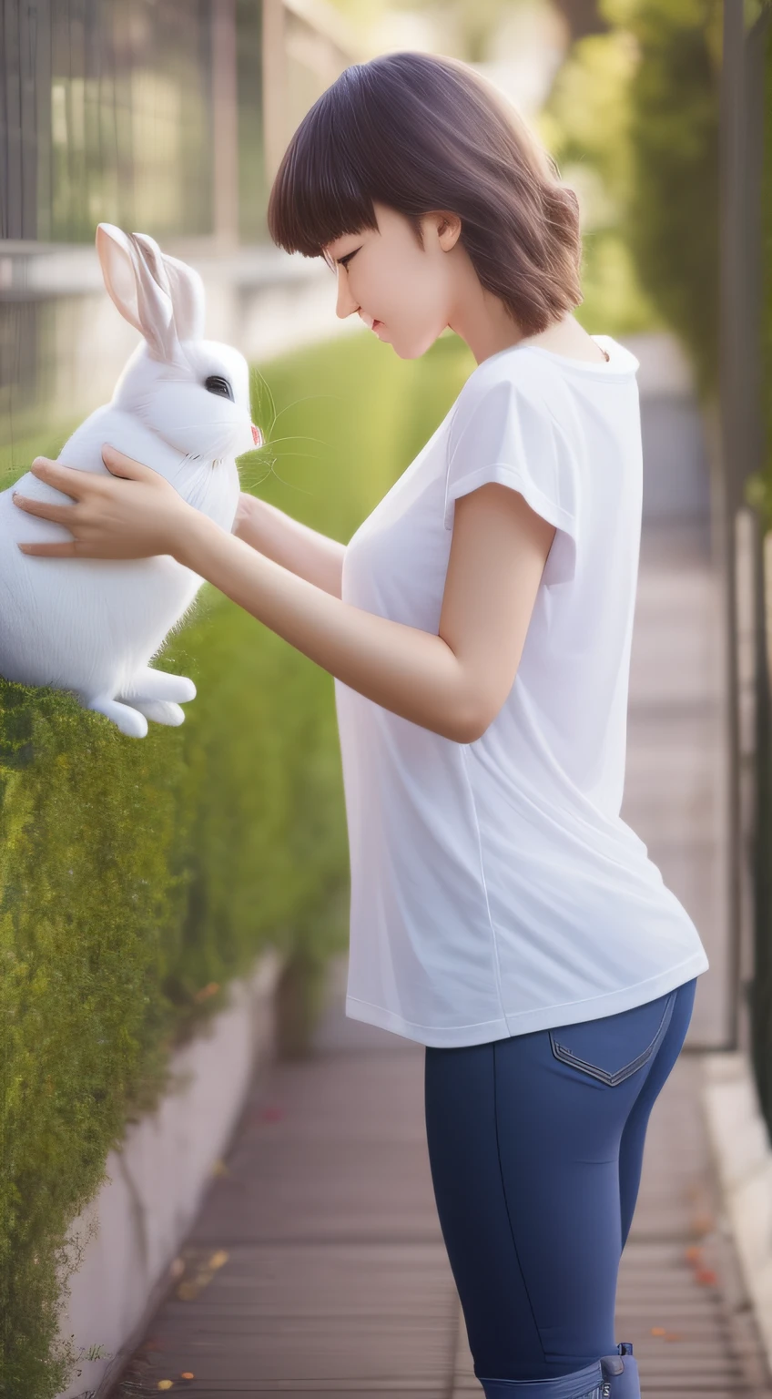 Young woman 20 years old、Hair is short、White T-shirt、breeches、Playing with white rabbits、