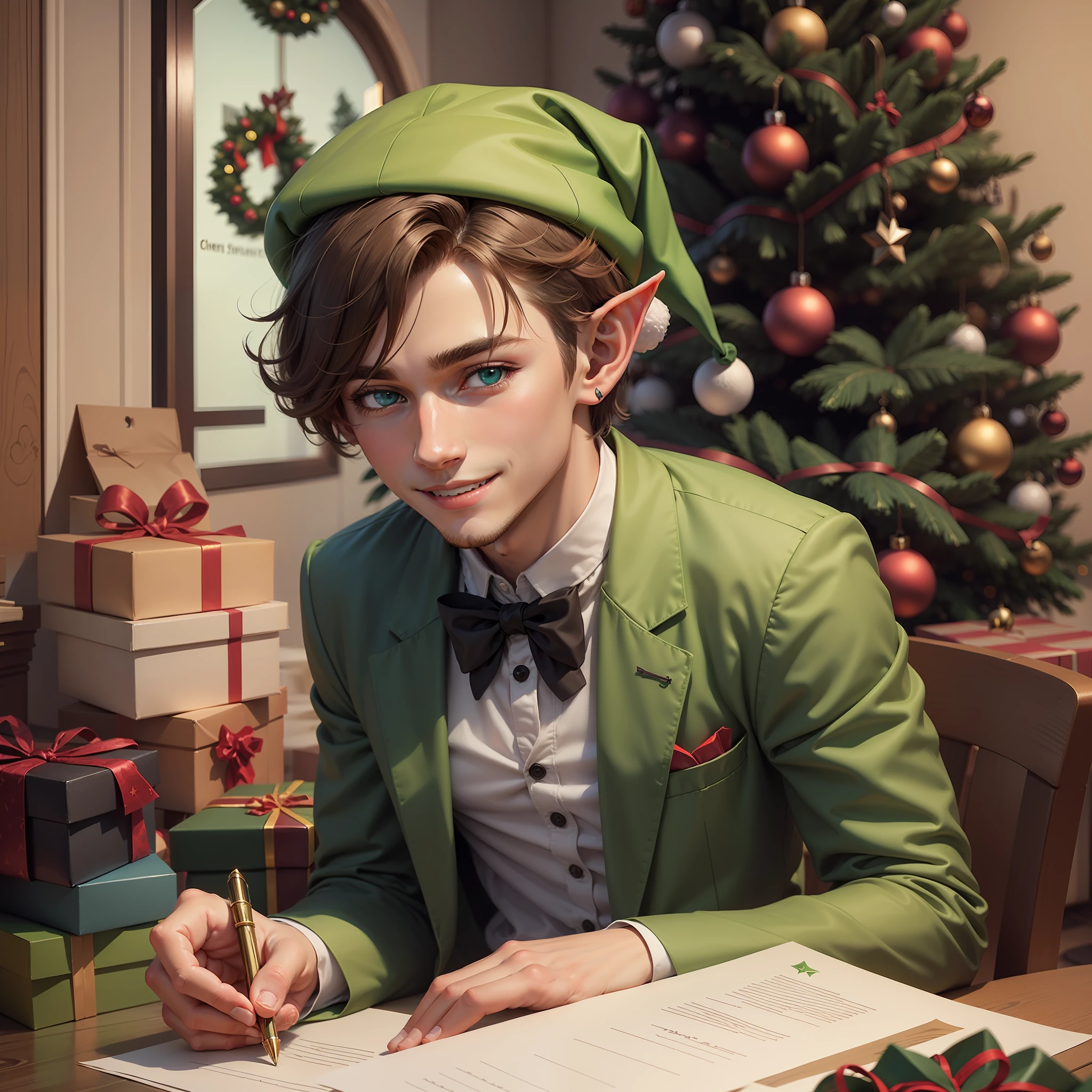 A young man who resembles a Christmas elf, pointed ears, green velvet jacket, green hat, blue eyes, brown hair, by Christmas tree surrounded by presents, writing list, smiling