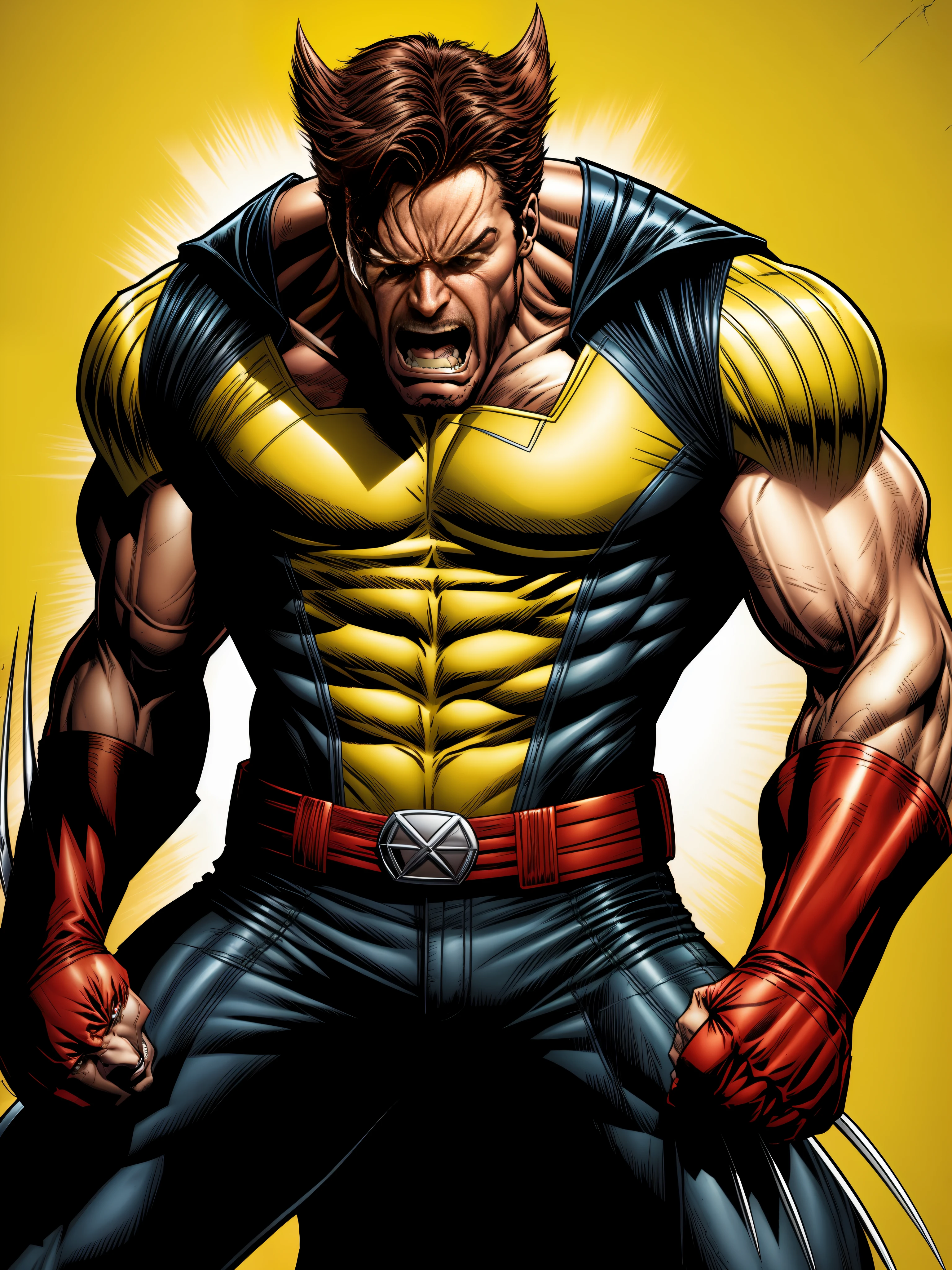 Wolverine with angry expression on classic '90s uniform face (amarelo e amarelo), in an X-men fighting setting.