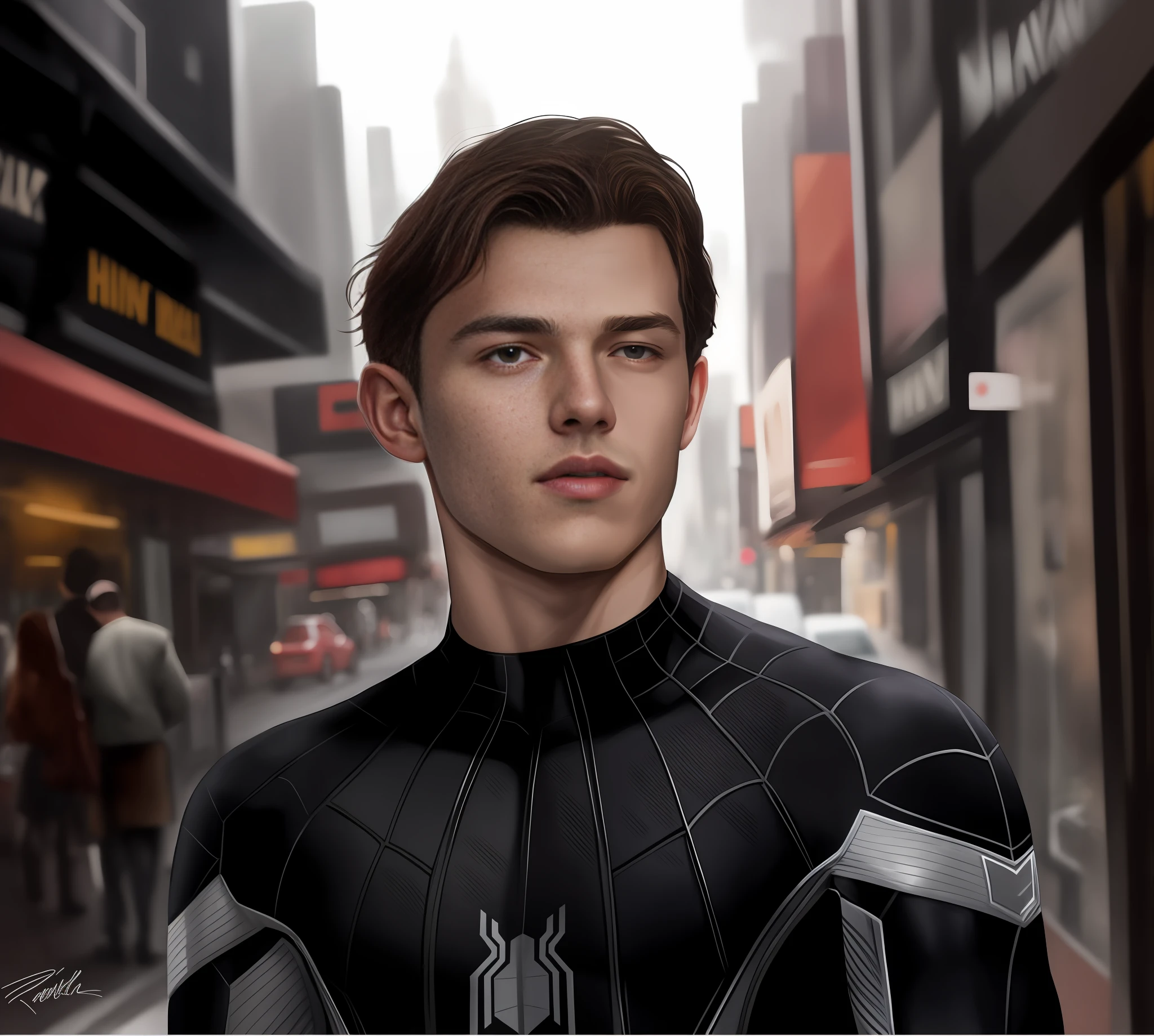 Tom Holland usando traje do homem aranha estilo miles morales, Aranha - verso, High detail, Futurismo, Realismo, hiper-realismo, simetria, simetria rotacional, Nikon, pele texturizada, super detalhe, alta qualidade, melhor qualidade, 8k
