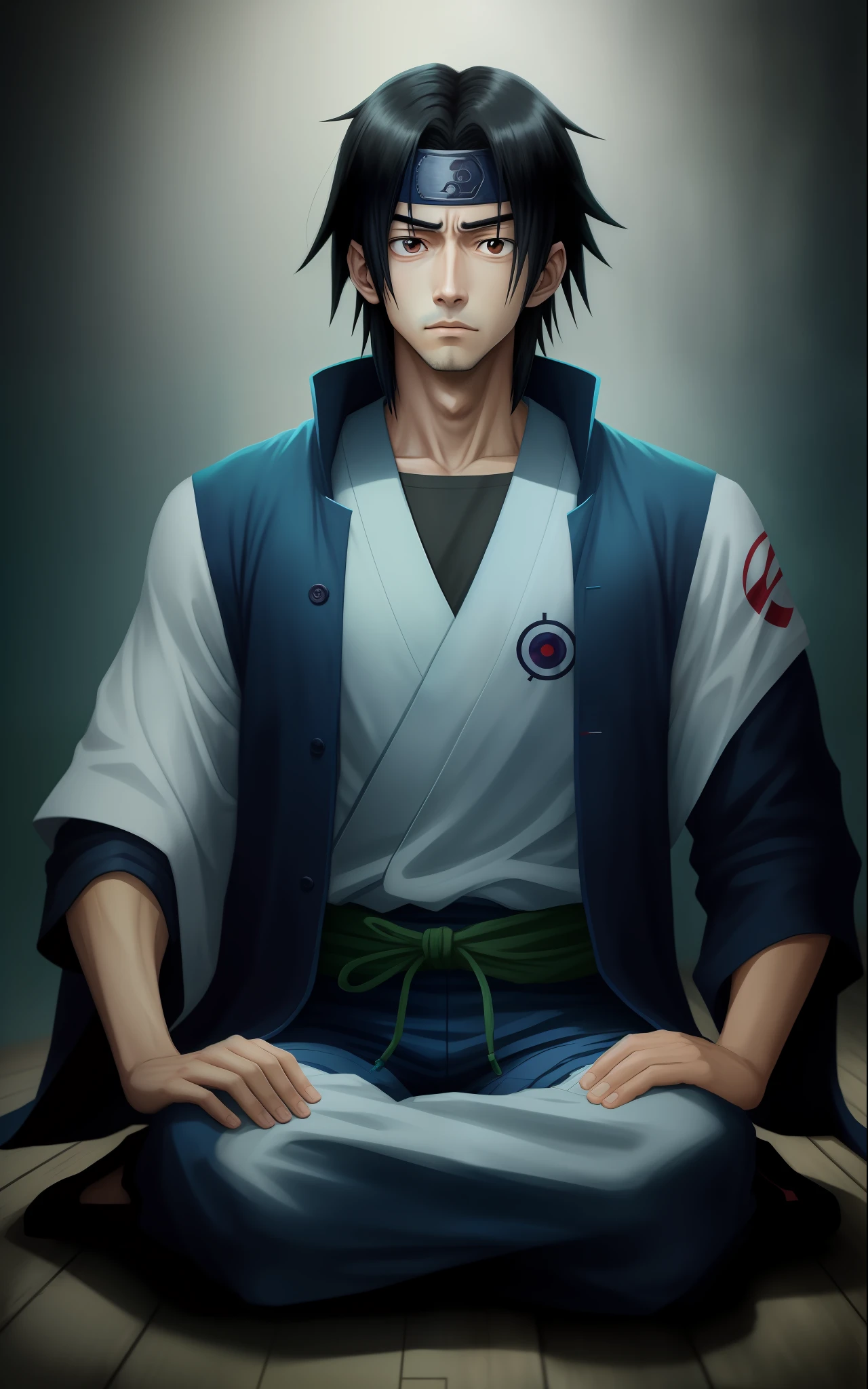 anime character sitting on the floor with his hands on his knees, jiraya, itatchi uchiha, vestindo um manto simples, vestindo manto escuro, vestindo manto azul, itachi uchiha, sasuke uchiha, vestindo um longo manto , vestindo vestes simples, vestindo um manto azul