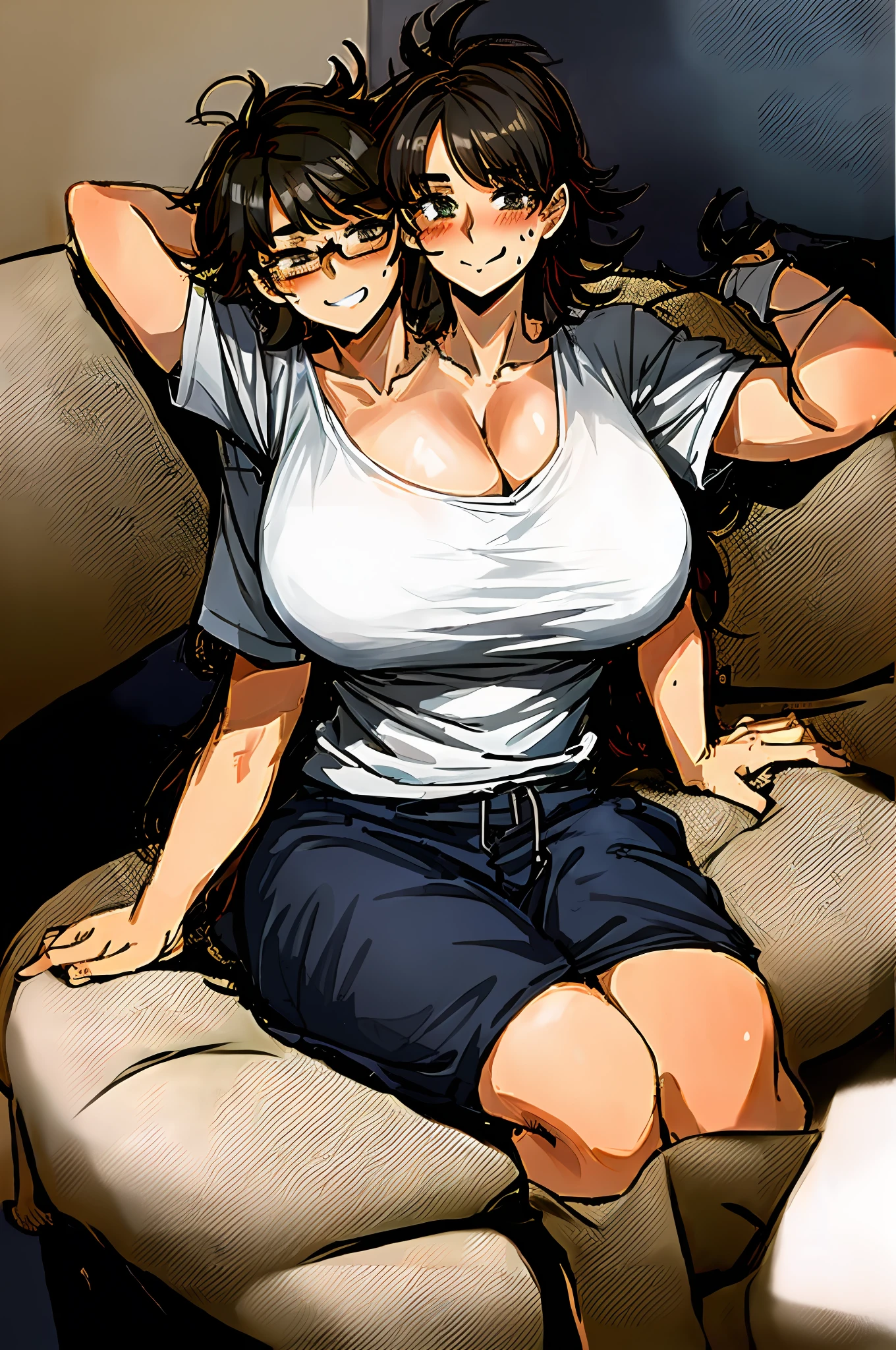2heads, a short woman with two heads, 2 arms and 2 legs. Chubby, huge boobs. Sitting on couch. Baggy shirt and sweatpants. Messy hair. Massive breasts. Nerdy, slightly chubby. Blushing