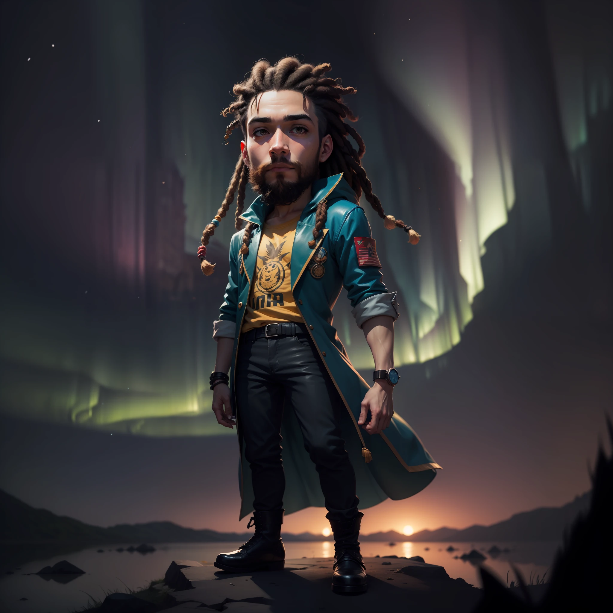 Homem, estilo dos desenhos animados, com dreads no cabelo, fundo colorido, sonho, imaginario, aurora boreal, opaco.