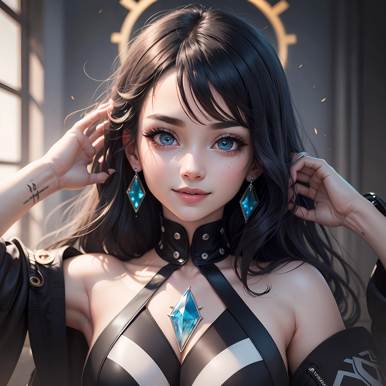 streaked hair, black hair, crazy eyes, blank eyes, wide eyes, gradient_eyes, crystal earrings, smile, crazy, shy, halo, jewelry, modern, anime, Gothic art, backlighting, depth of field, god rays, optical illusion, speed lines, super detail, award winning, retina, high quality, textured skin, 4K, 8k, 16k, HD, best quality
