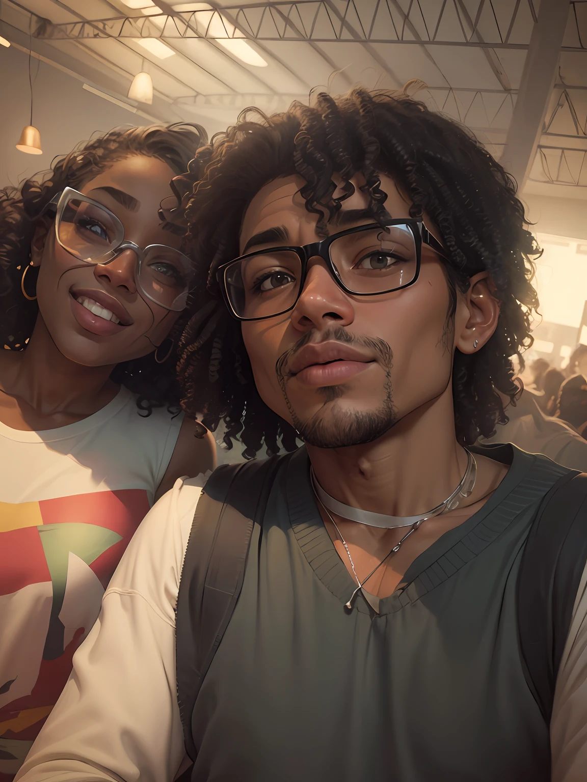 transforme em um desenho cartoon, maintaining the color of the woman's skin to the black left and not removing the curly hair,the right is a man, don't put anything feminine in it; roupas do homem a direita vermelha , Make the man's curls more open --auto