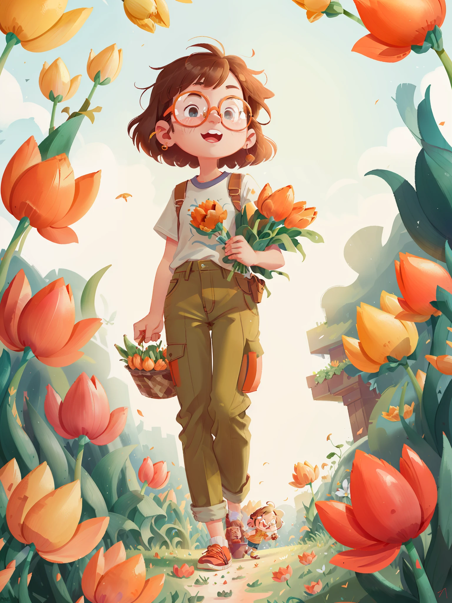 1 short hair girl，Pick glasses，Wear shirts and trousers，Holding a bouquet of orange tulips，In a sea of flowers with orange tulips，Have fun，Convivial atmosphere，Sunny，The Masterpiece，Ridily details，Ultra-wide lens