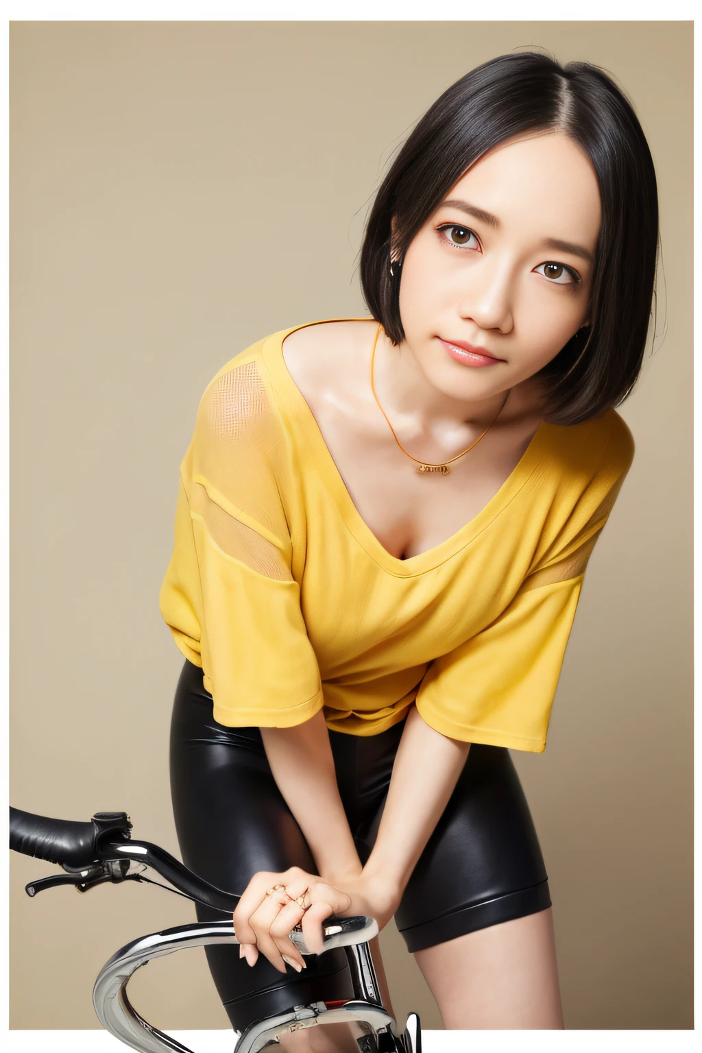 (((riding a bike)))、(Loose shirt、Camisole)、without panties、No bra、Wet and shiny skin、very small breasts、((little breasts:1.4))、(Small bust)、 Adult female 20 years old、Idol with black eyes and black hair Japan、Very detailed eyes and face、Highly detailed facial and skin texture、Sweaty décolleté、KPOP Idol、Short bob cut、 Um corpo inteiro, only girl, Intrincated detailed, Realstic, Sorrisos, Light Smile, long eye lashes, Sideways Look, Black socks, out door, Intrincated detailed, Realstic, Morning, natrual light, Low angle, Blurred background, VLS:1.2), (maximum quality, (maximum quality, masterwork: 1.3)), Clear focus: 1.2, (Realstic, pfotorealistic:1.37)、(ntricate detail:1.4)、from lower、Reflected Light、High Detail、Texture Skins、8K、(camel's toes)、(maximum quality、8K、32k、masterwork、VLS:1.3)、