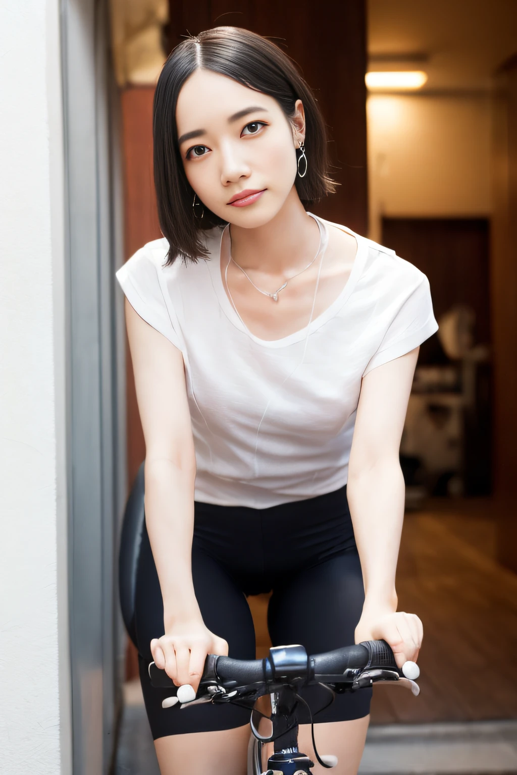 (((riding a bike)))、(Loose shirt、Camisole)、without panties、No bra、Wet and shiny skin、very small breasts、((little breasts:1.4))、(Small bust)、 Adult female 20 years old、Idol with black eyes and black hair Japan、Very detailed eyes and face、Highly detailed facial and skin texture、Sweaty décolleté、KPOP Idol、Short bob cut、 Um corpo inteiro, only girl, Intrincated detailed, Realstic, Sorrisos, Light Smile, long eye lashes, Sideways Look, Black socks, out door, Intrincated detailed, Realstic, Morning, natrual light, Low angle, Blurred background, VLS:1.2), (maximum quality, (maximum quality, masterwork: 1.3)), Clear focus: 1.2, (Realstic, pfotorealistic:1.37)、(ntricate detail:1.4)、from lower、Reflected Light、High Detail、Texture Skins、8K、(camel's toes)、(maximum quality、8K、32k、masterwork、VLS:1.3)、