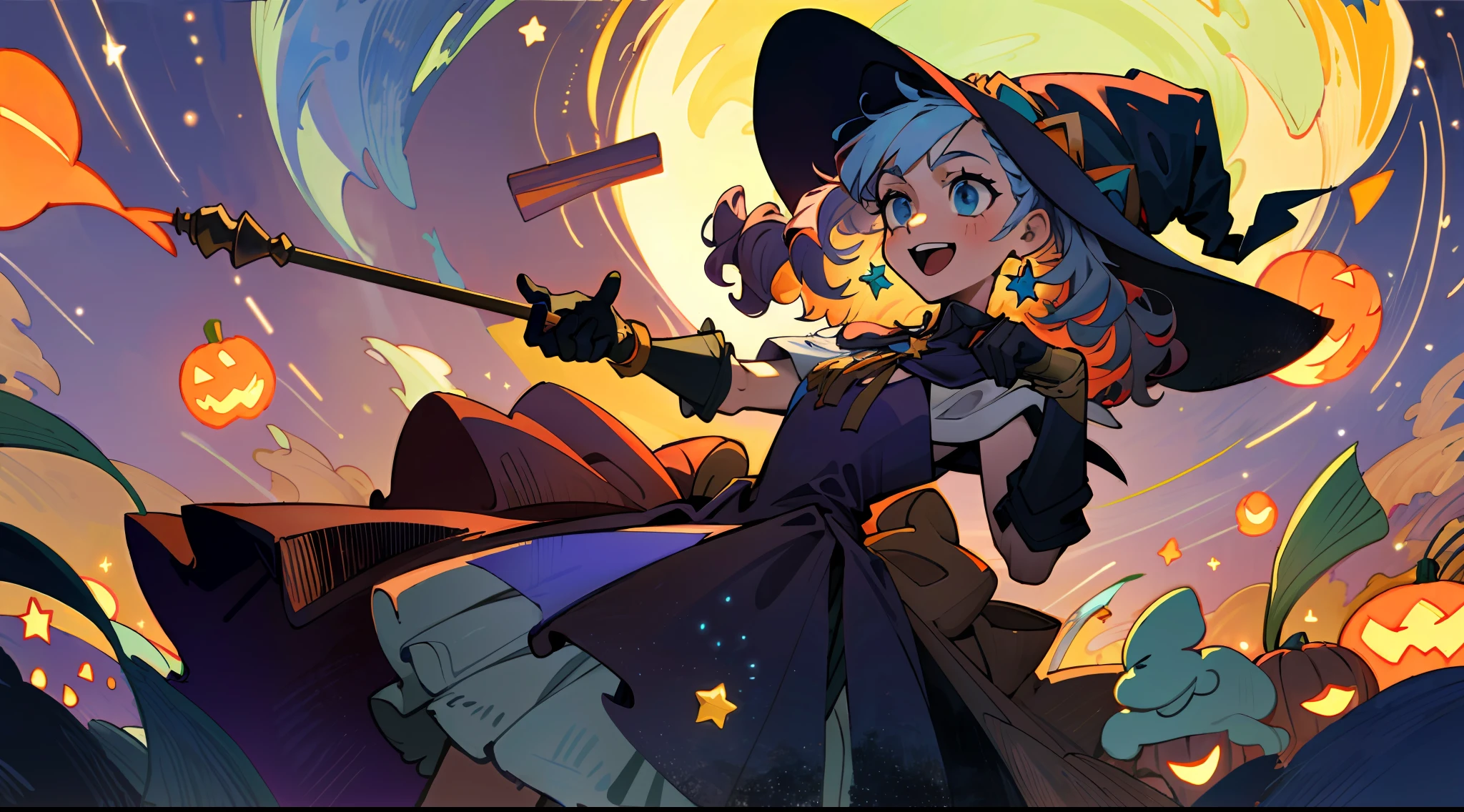 ((masterpiece:1.2, best quality)), 1girl, solo, (witch hat), a close up of a girl with curly hair, dress, aurora, night, star (sky), gloves, sky, dress, night sky, open mouth, starry sky, light blue eyes, ribbons, smile, cape, colorful hair, magic, casting spell, night, (impressionism:1.4), alphonse mucha, Halloween colors, colorful candy, magical lights, pumpkins, candies