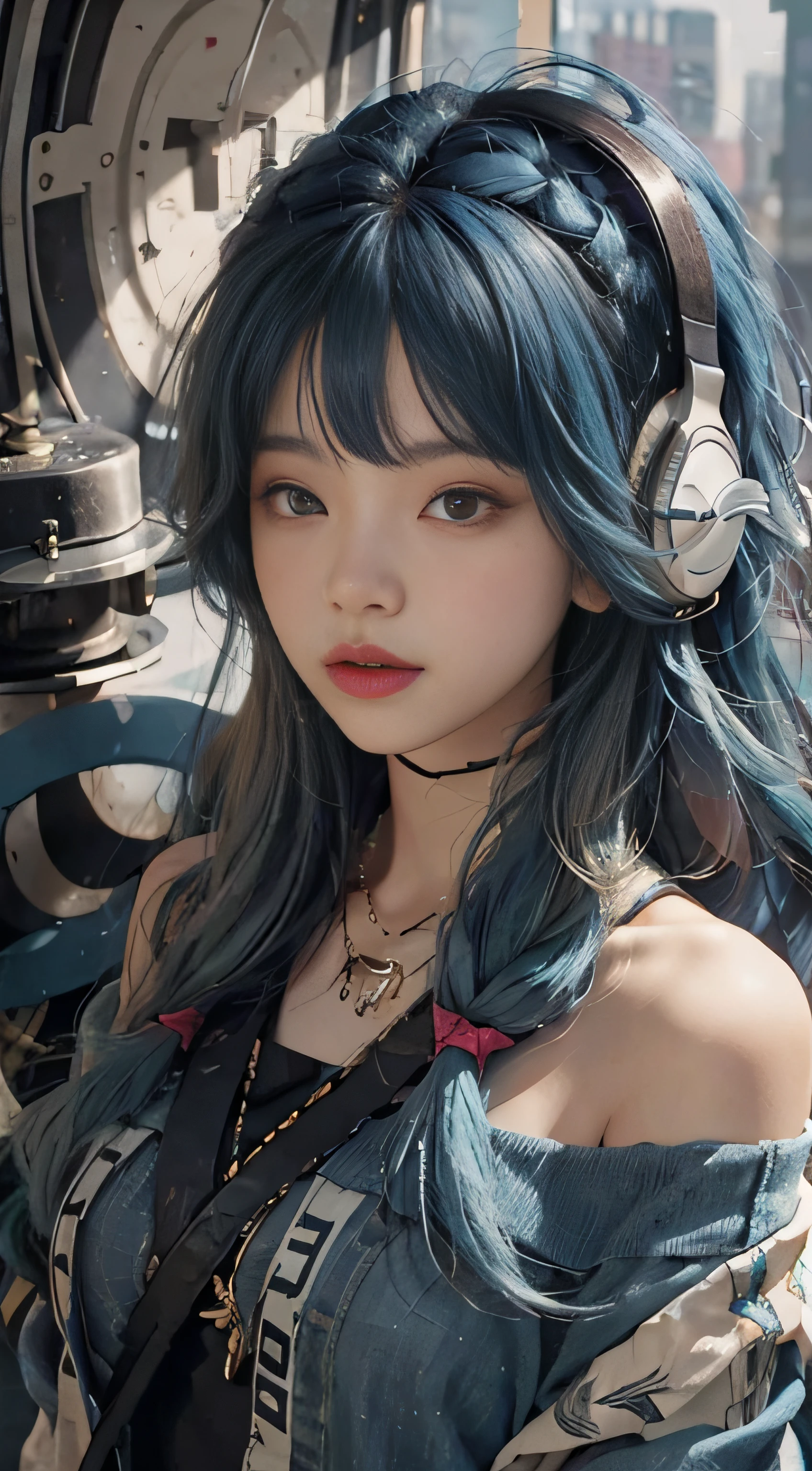 Blue hair，Extra-long hair，off shoulders，feather hair ornament，headphones around neck