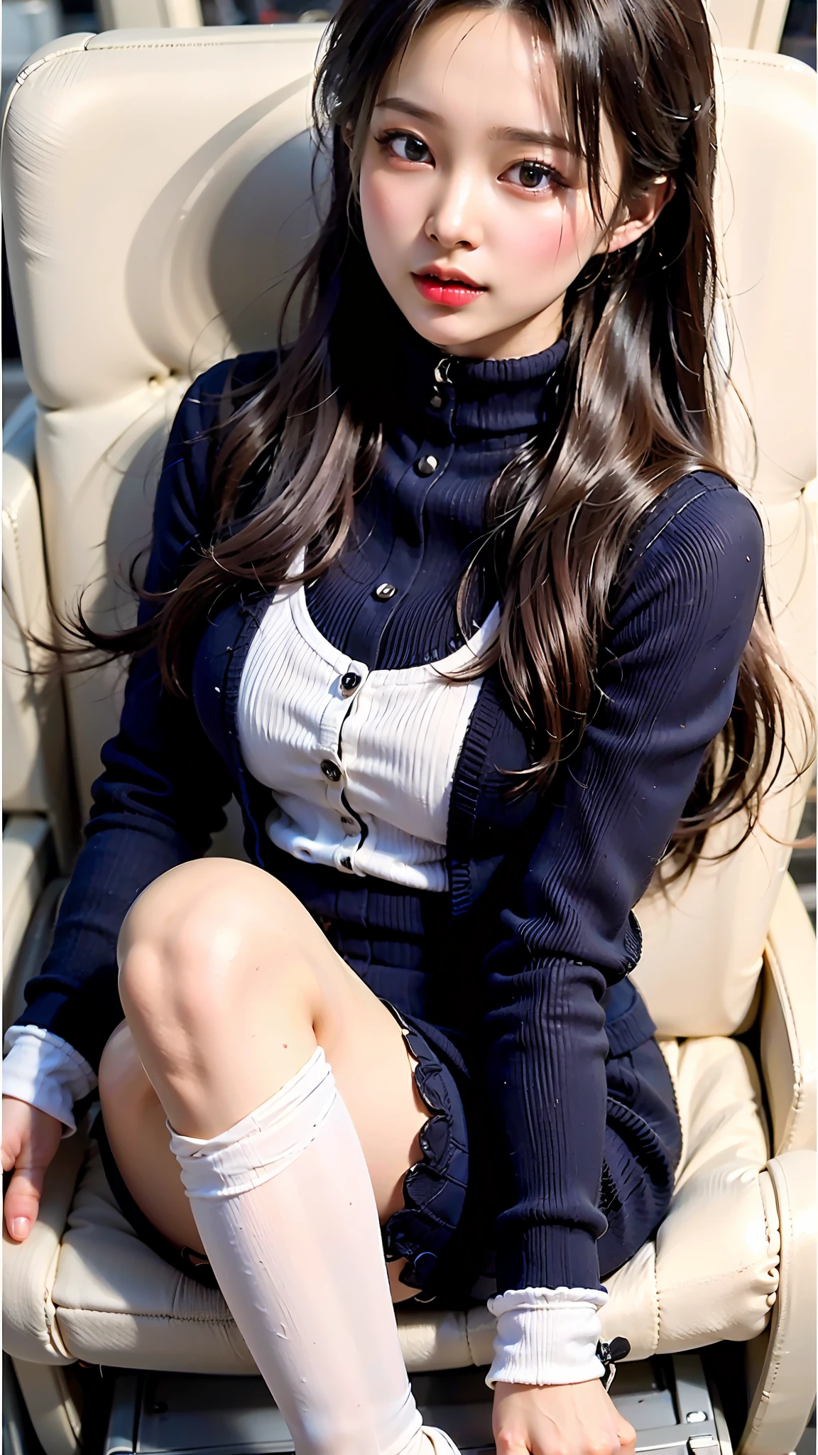 (best quality, masterpiece, intricate details:1.4),
1 girl, solo, (korean mixed, kpop idol:1.2),
pale skin,looking at viewer, facing front, medium breasts, slim, (airplane interior:1.2), stewardess, (stewardess uniform:1.3), ((pantyhose)), high heel, perfect face, red lips, mature female, makeup,