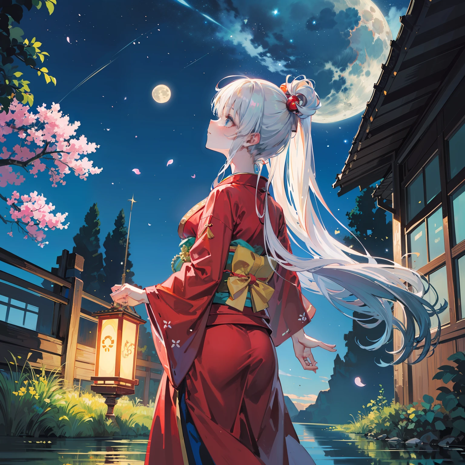Open landscape , Landscape , Panorama shot , (Looking up, Looking down), Shrine maiden looking up, (Full moon: 1. 2), (Shooting star: 0. 9), (Nebula: 1. 3), Starry sky, Shining lantern, Fantastic cherry blossom tree, Trees, (Warm light source: 1. 2), (Firefly: 1. 2), Lamp 3), Starry sky, Torii gate, (Warm light source: 1. 2), ( (Firefly: 1. 2), Lamp, Orange and Blue Fine Detail, (Masterpiece: 1. 2), (Best Quality), 4k, Ultra Fine Detail, (Dynamic Composite: 1. 2), (Best Quality), Lamp, Orange and Blue Voluminous Lighting Main Fine Detail BREAK ((Masterpiece: 1.2), (Best Quality), 4k, Ultra Fine Detail, (Dynamic Composite: 1.4), Very Fine Detail, Colorful Detail, (Iridescent: 1. 2), (Luminous Lighting, Ambient Lighting), Dream like ( Ambient Lighting), dreamy, fantastic, (Solo: 1.2), sparkling, petals dancing, dancing light, white hair, beautiful hair, long hair, dancing hair, back view, puddle, dynamic pose, priestess outfit, priestess, red kimono