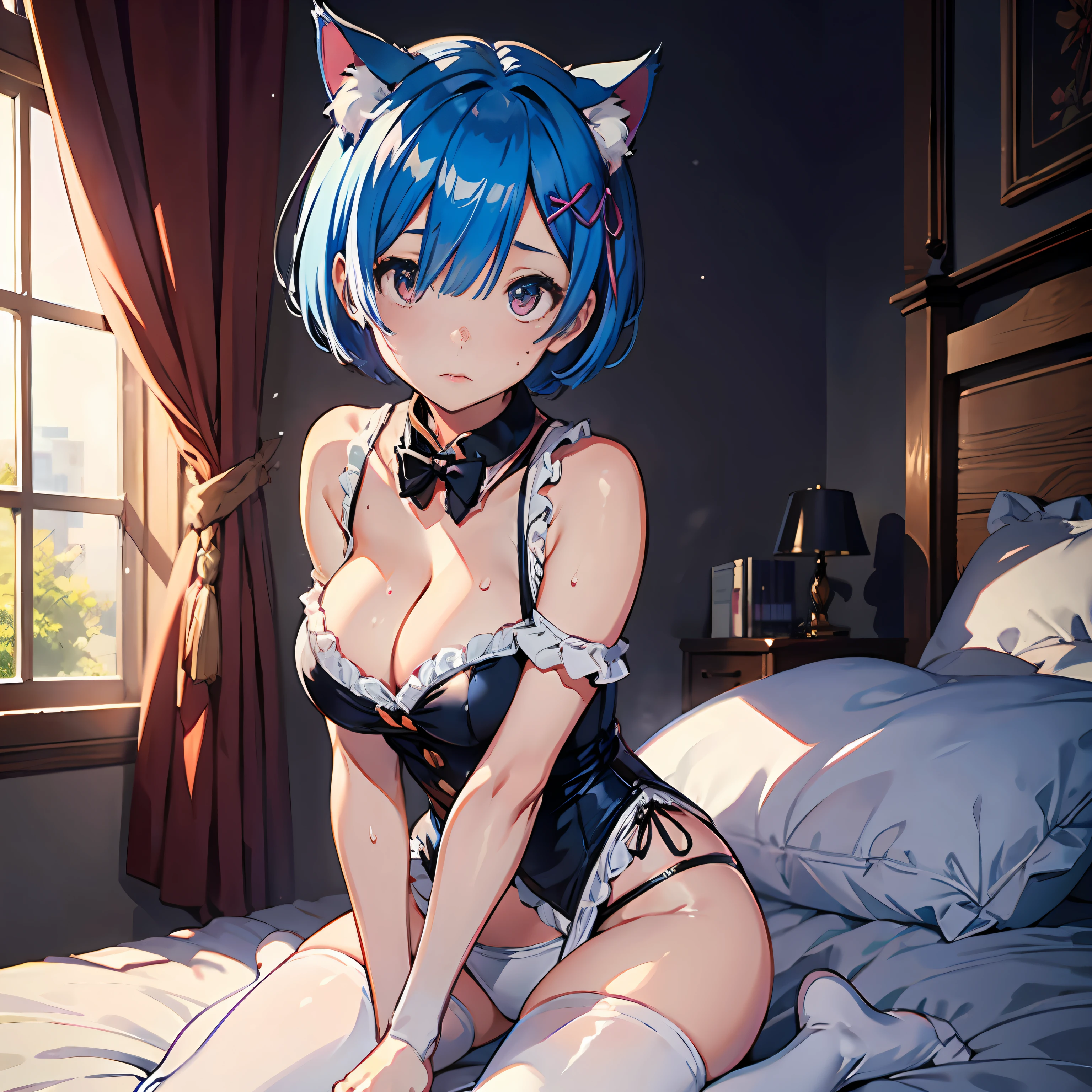 Masterpiece, Rem from ReZero, Blue-haired girl, on a bed, cleavage, hair covering left eye, cat ears, maid suit, white pantyhose, big breasts, thin legs, ahegao, short, two-dimensional hair, collar, sweaty