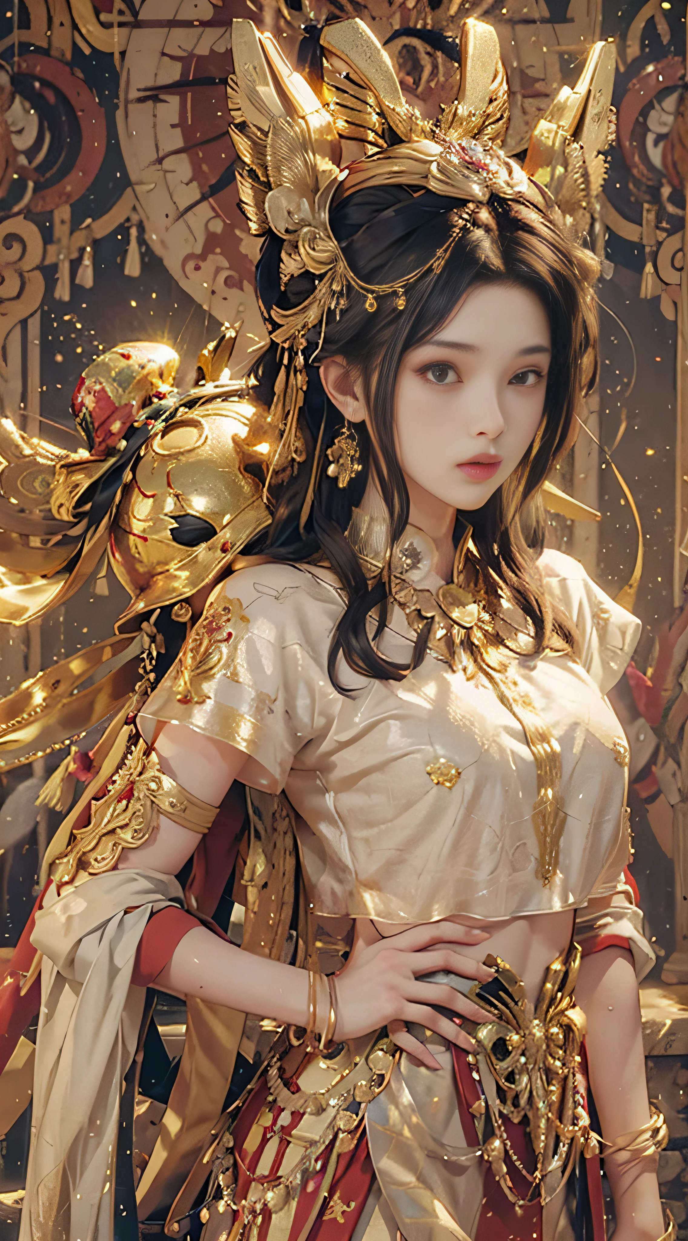 The perfect presentation of Midjourney art style, gold holy clothes, gold armor, helmets