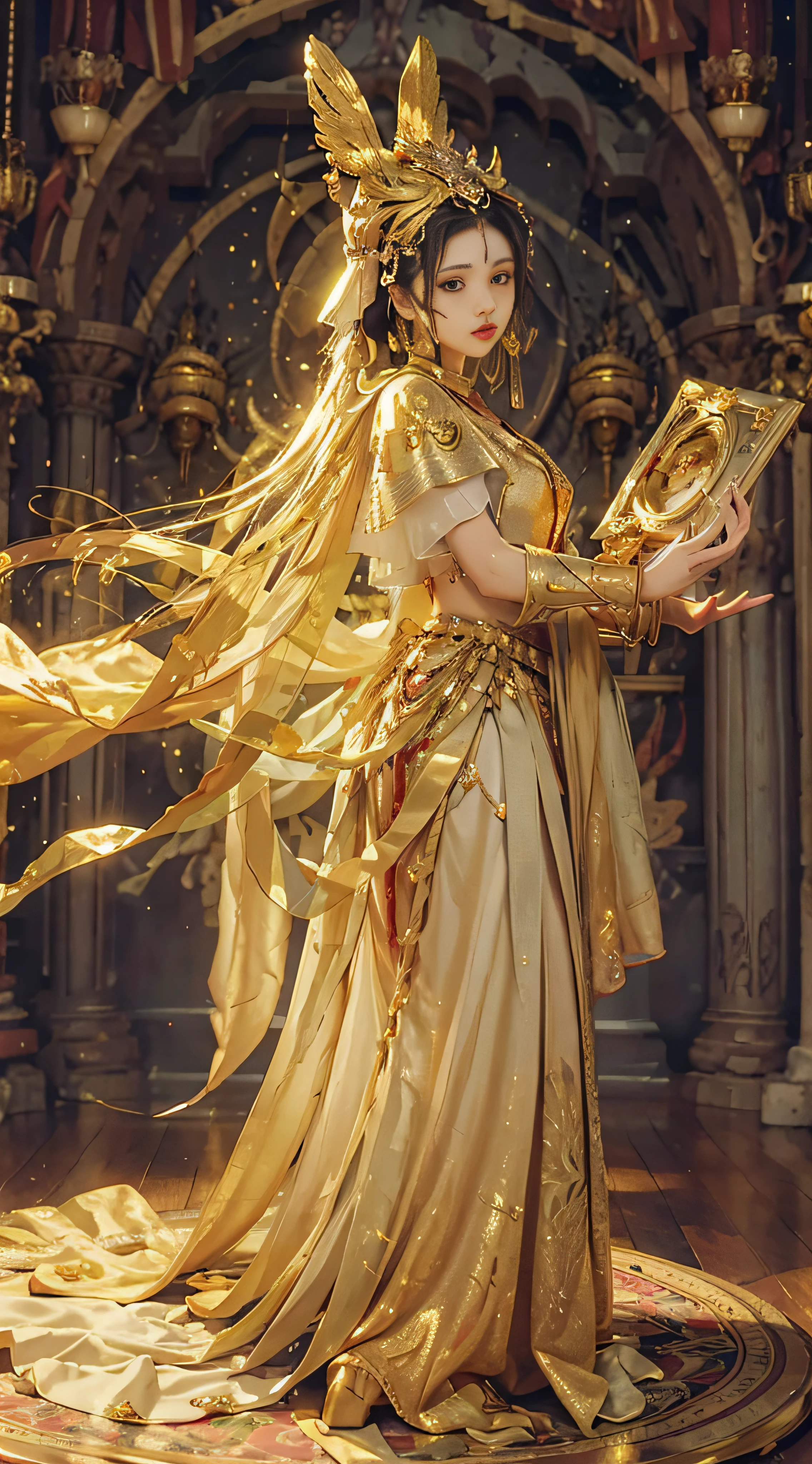 The perfect presentation of Midjourney art style, gold holy clothes, gold armor, helmets