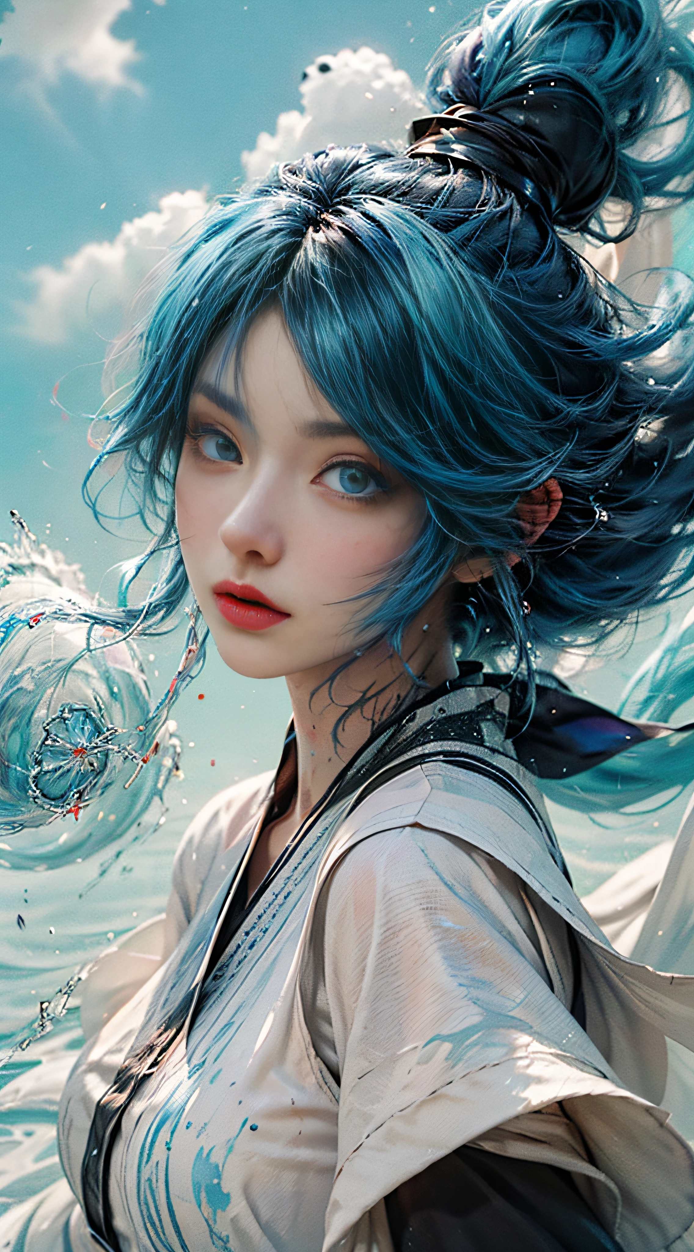 (dynamic angle), ((floating)), (paint), ((loose hair)), (solo), (1girl), (detailed anima face))), ((beautiful detailed face)), ((colored hair)), (striped hair)), (gradient eyes), ((colored eyes))), (white cloud background))), ((high saturation))), ((surrounded by colored splashes))),