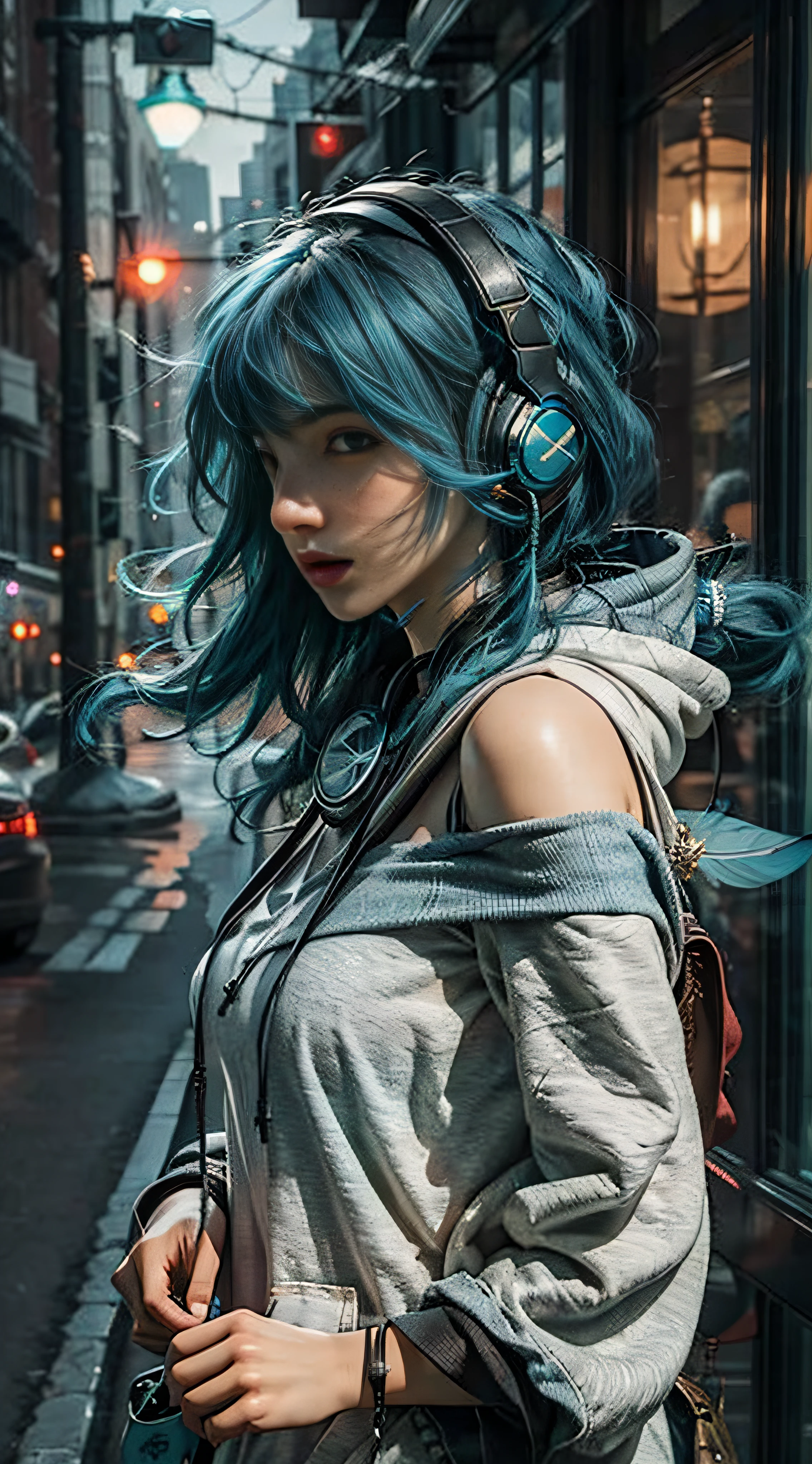 1 girl, hoodie, blue hair, extra long hair, off-the-shoulder, feather hair ornament, headphones around the neck, city, night, outdoors