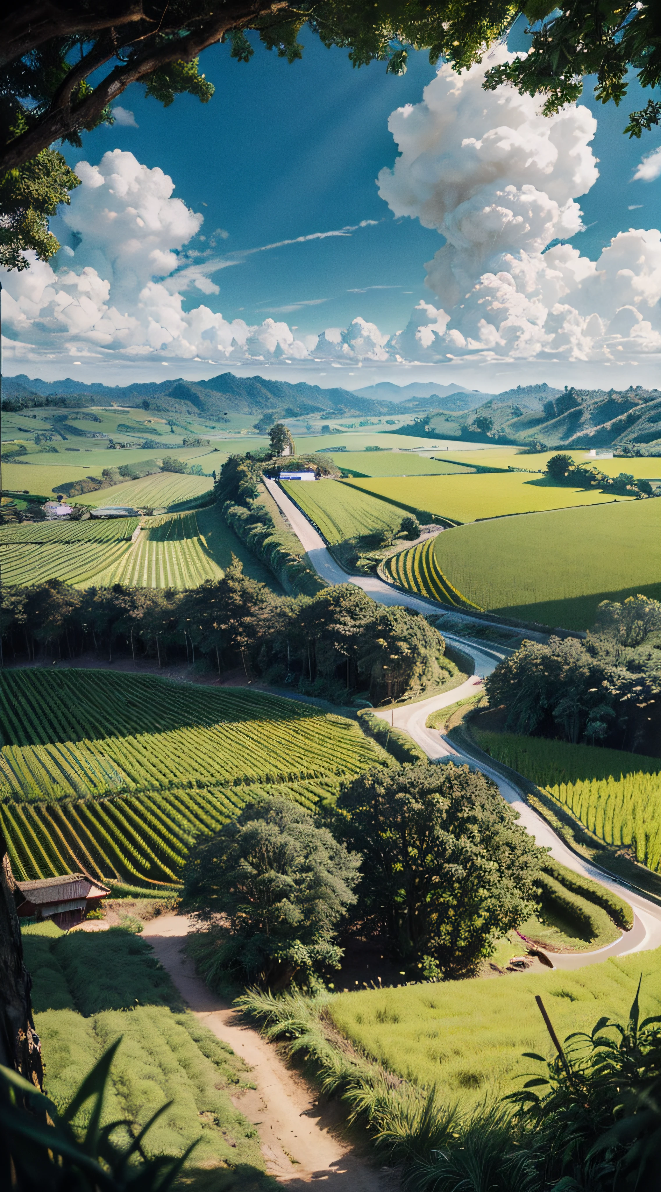 Walk on the winding roads of the countryside, big clouds, blue sky, rice fields, neat rice seedlings in the fields, forests, hillsides, secluded, countryside, HD detail, hyper-detail, cinematic, surrealism, soft light, deep field focus bokeh, ray tracing and surrealism