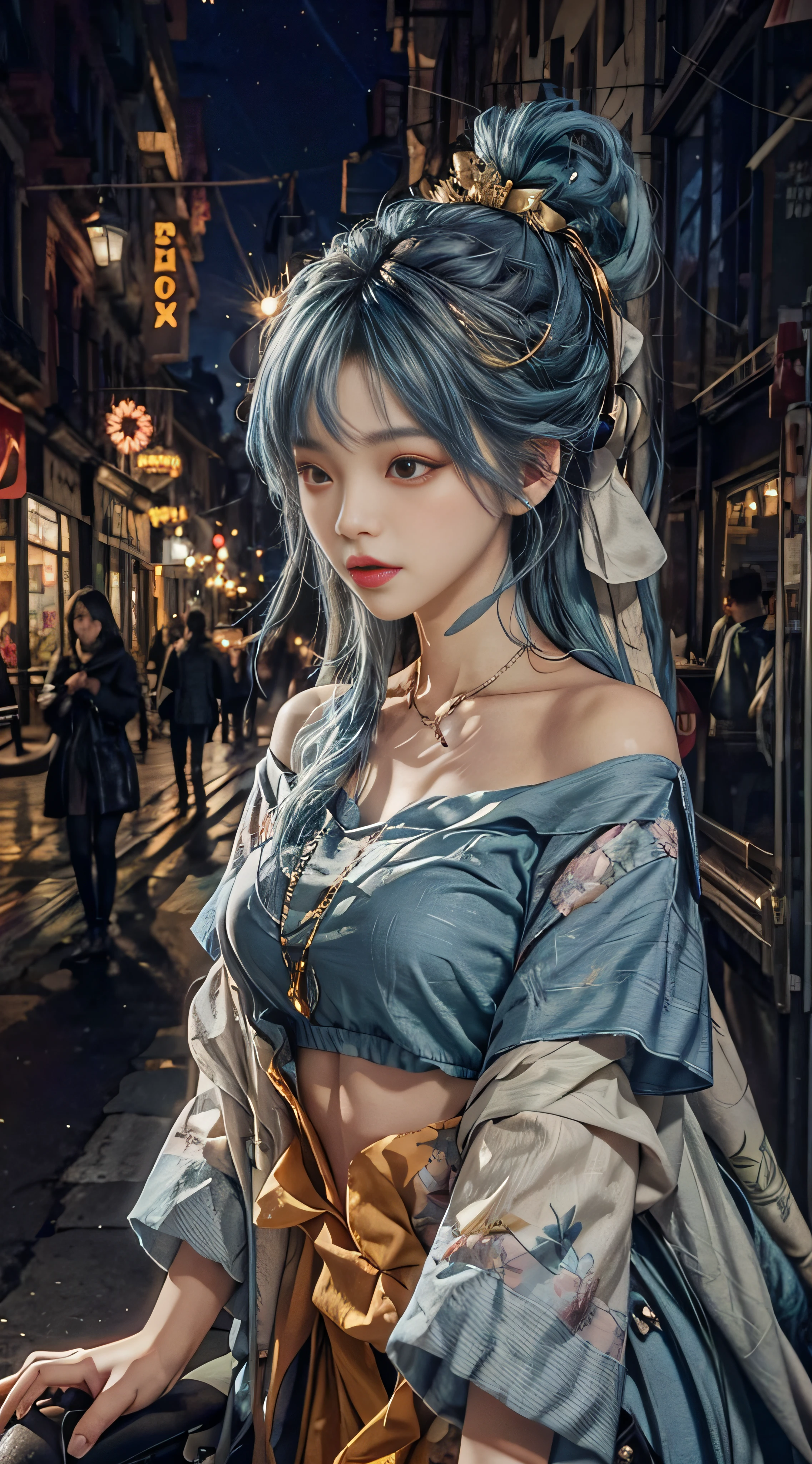 1 girl, hoodie, blue hair, extra long hair, off-the-shoulder, feather hair ornament, headphones around the neck, city, night, outdoors