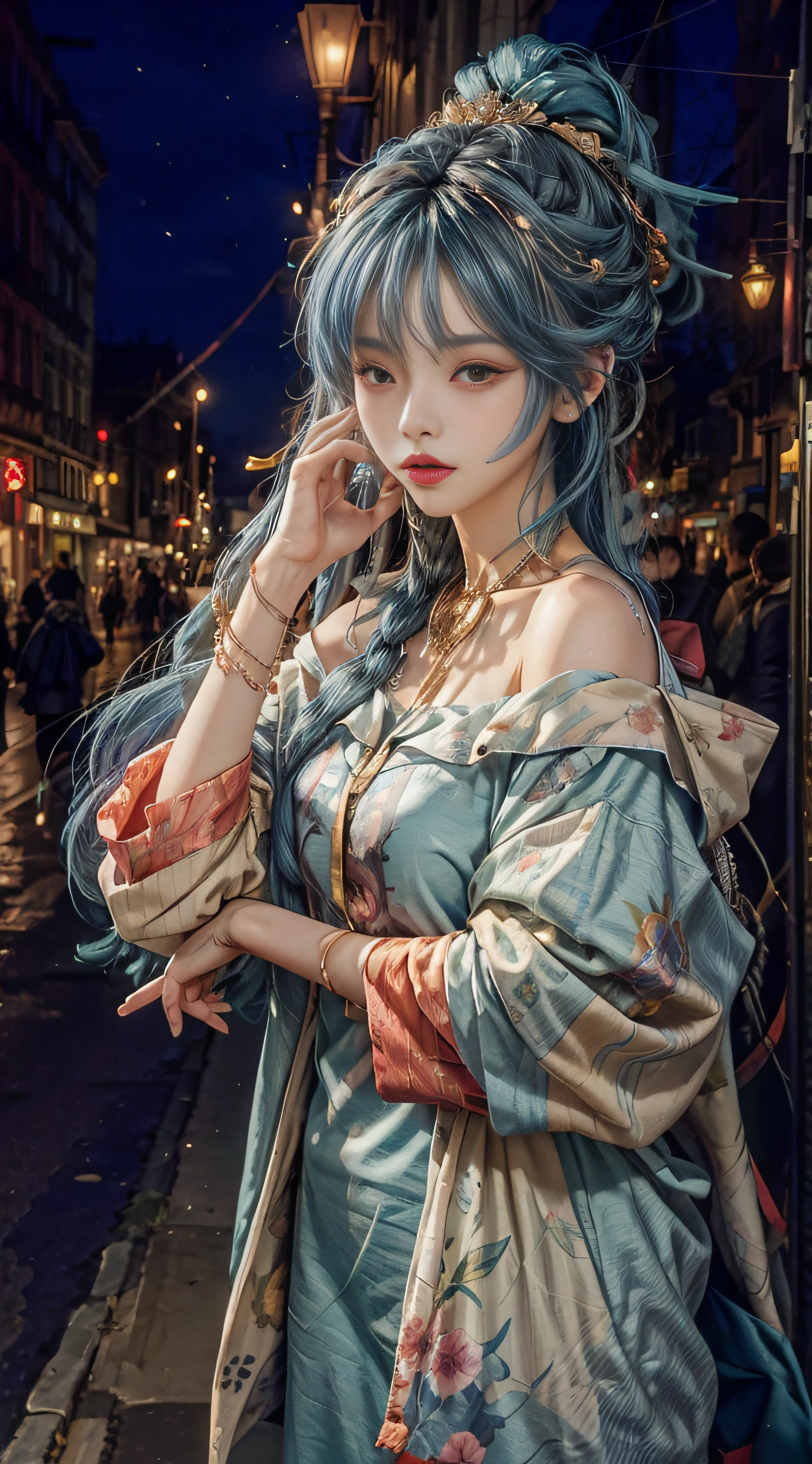 1 girl, hoodie, blue hair, extra long hair, off-the-shoulder, feather hair ornament, headphones around the neck, city, night, outdoors