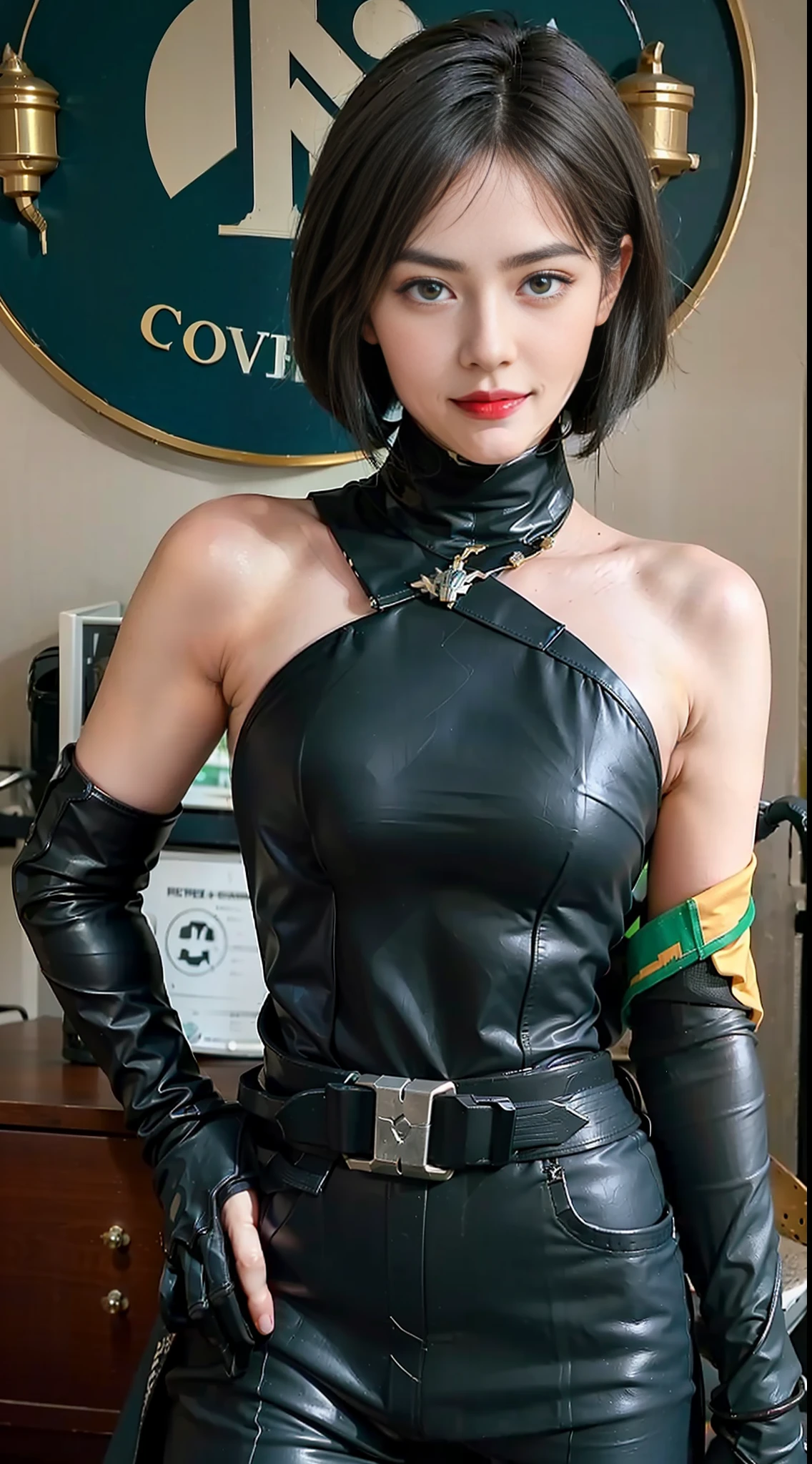 （Medium head） Perfect face， beatutiful face， extemely detailed eyes， beautifull eyes， medium eyes， Sexy posture， standing alone， 1girls，Smile with， best possible quality， The Masterpiece，hair ornament， mitts，flegs， perfect litthing，《Intrepid Covenant》Style of play，Intrepid Covenant(viper),Black and green top