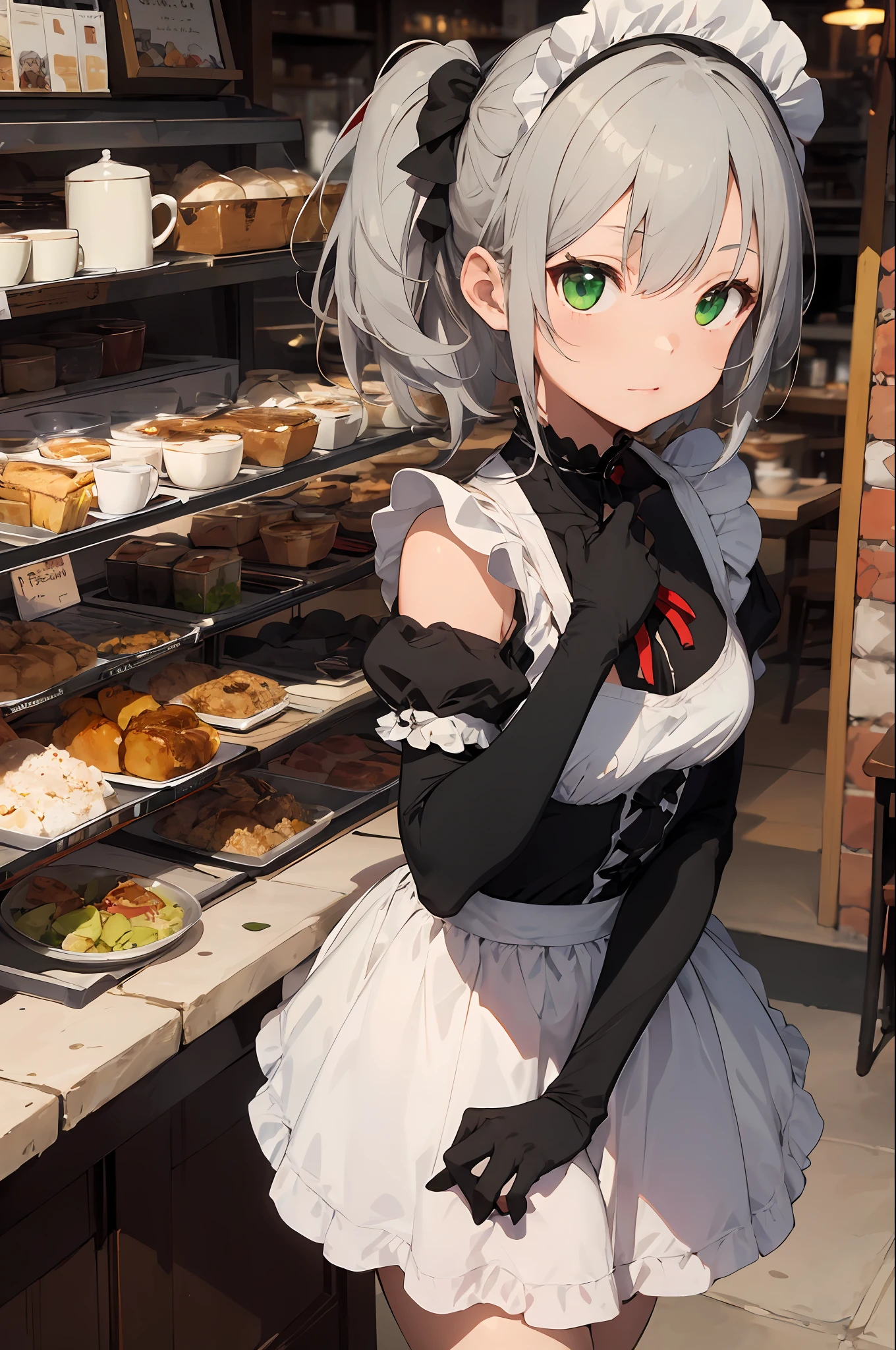 (Style Princess:0.8), Cat-eared Beautiful Girl, Silver Hair,Small, One Girl, ((Maid Clothes))Bikini Maid Clothes, (Rich Green and Black and Red and Silver Hair), ((Cafe)), Slim, (Elbow Gloves) Masterpiece, High Contrast, Ultra Detail, Best Quality, Ultra High Definition, High Definition, Details